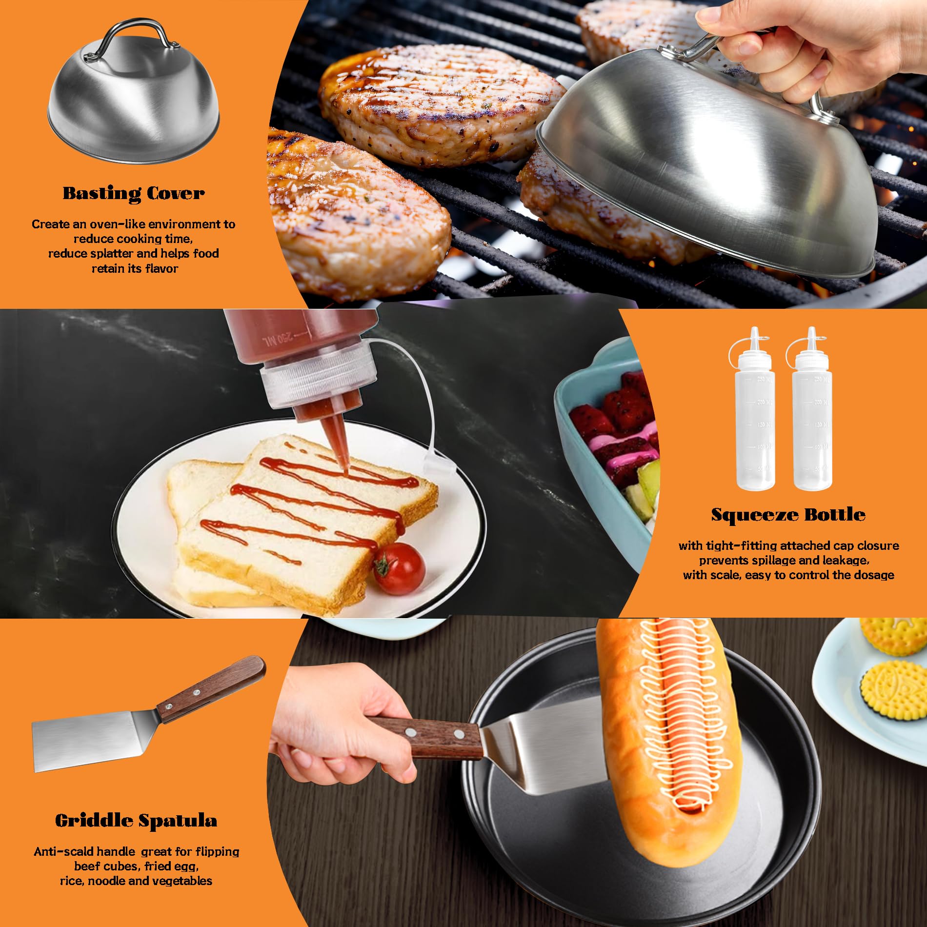 Premium Stainless Steel Burger Press Set - Smash Burger Maker with Metal Spatulas, Burger Dome, Wax Disc Papers & Squeeze Bottles - Perfect for BBQ, Grilling & Restaurant-Style Burgers at Home