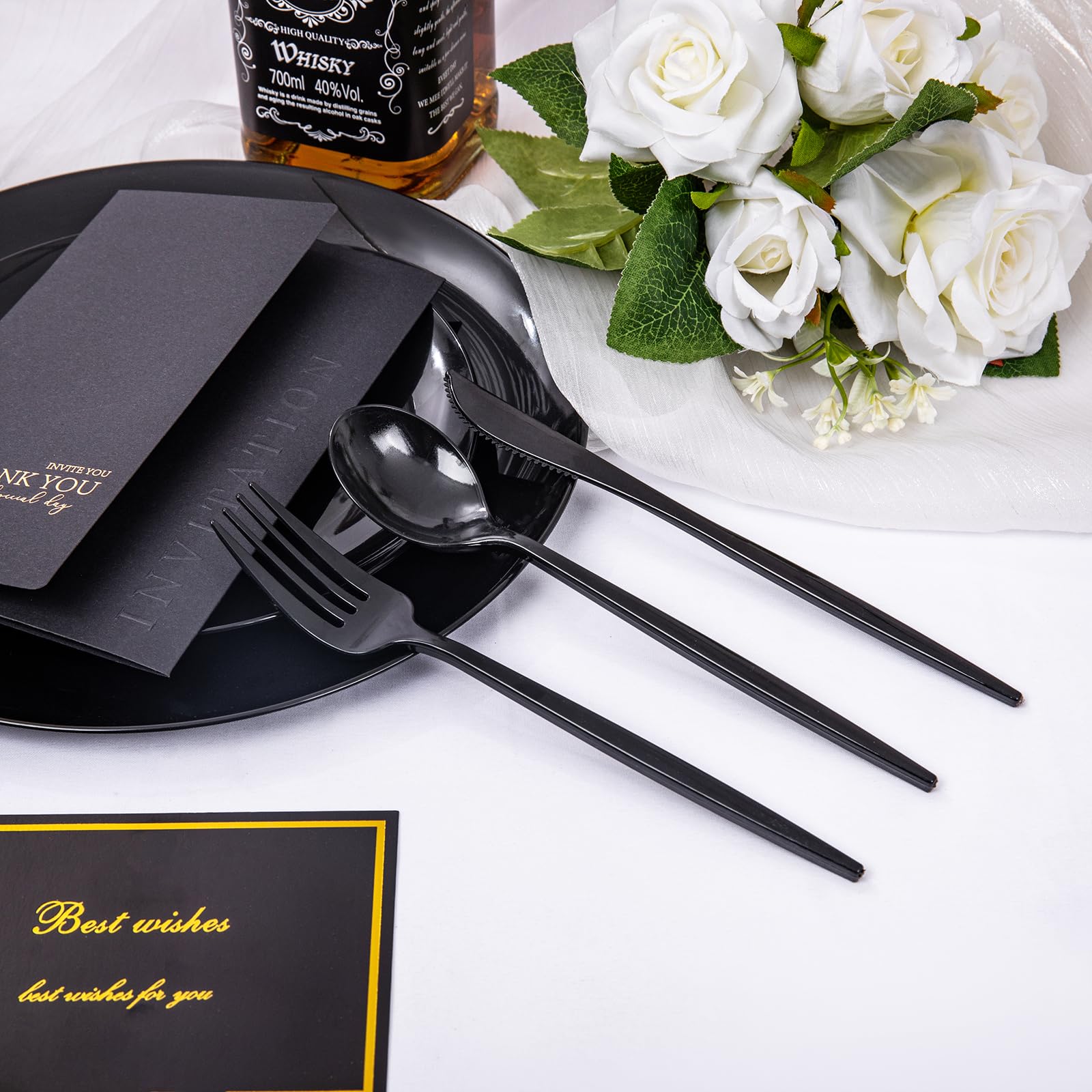 PULOTE 150-Piece Heavy Duty Black Plastic Silverware Set - Disposable Cutlery Kit with 50 Forks, 50 Spoons & 50 Knives - Durable Plastic Utensils for Parties, Weddings, Picnics, BBQ, Catering, Events & Holiday Gatherings - Perfect for Outdoor Dining, Family Reunions & Office Luncheons
