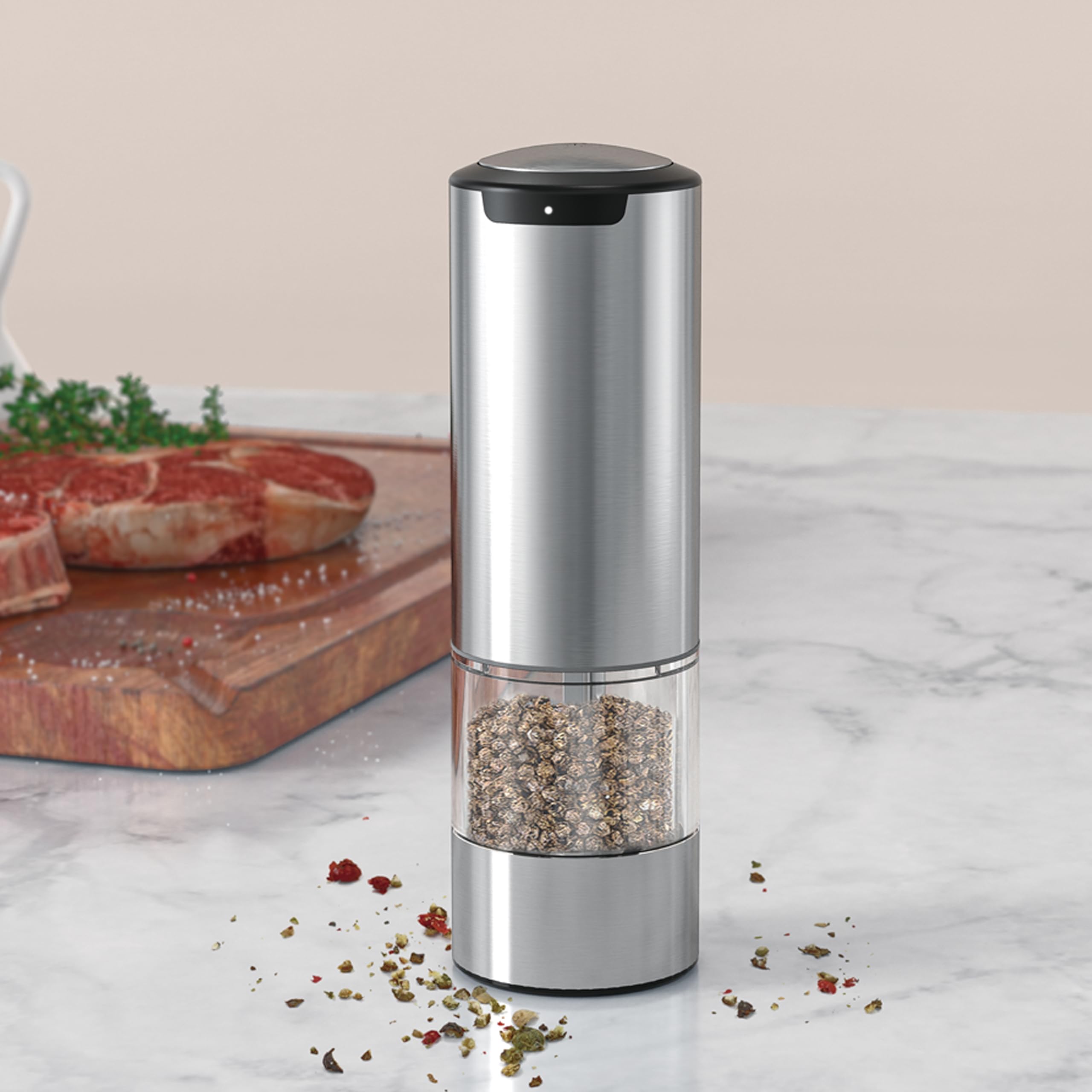 Rechargeable Electric Pepper Grinder & Salt Mill - LED Stainless Steel One-Hand Automatic Operation, Adjustable Coarseness, Refillable - Perfect for Kitchen, Dining Table & Camping Use