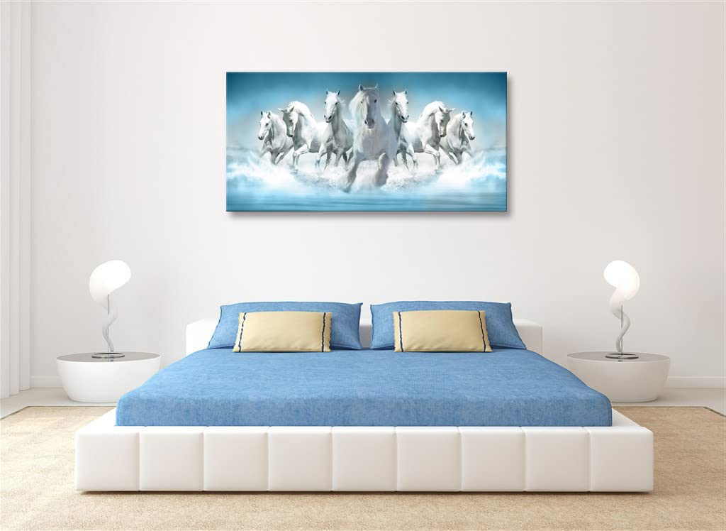 Modern Blue White Running Horse Canvas Painting - Animal Wall Art Decor for Living Room, Bedroom & Office | Perfect for Home, Office & Farmhouse Style Interior Design