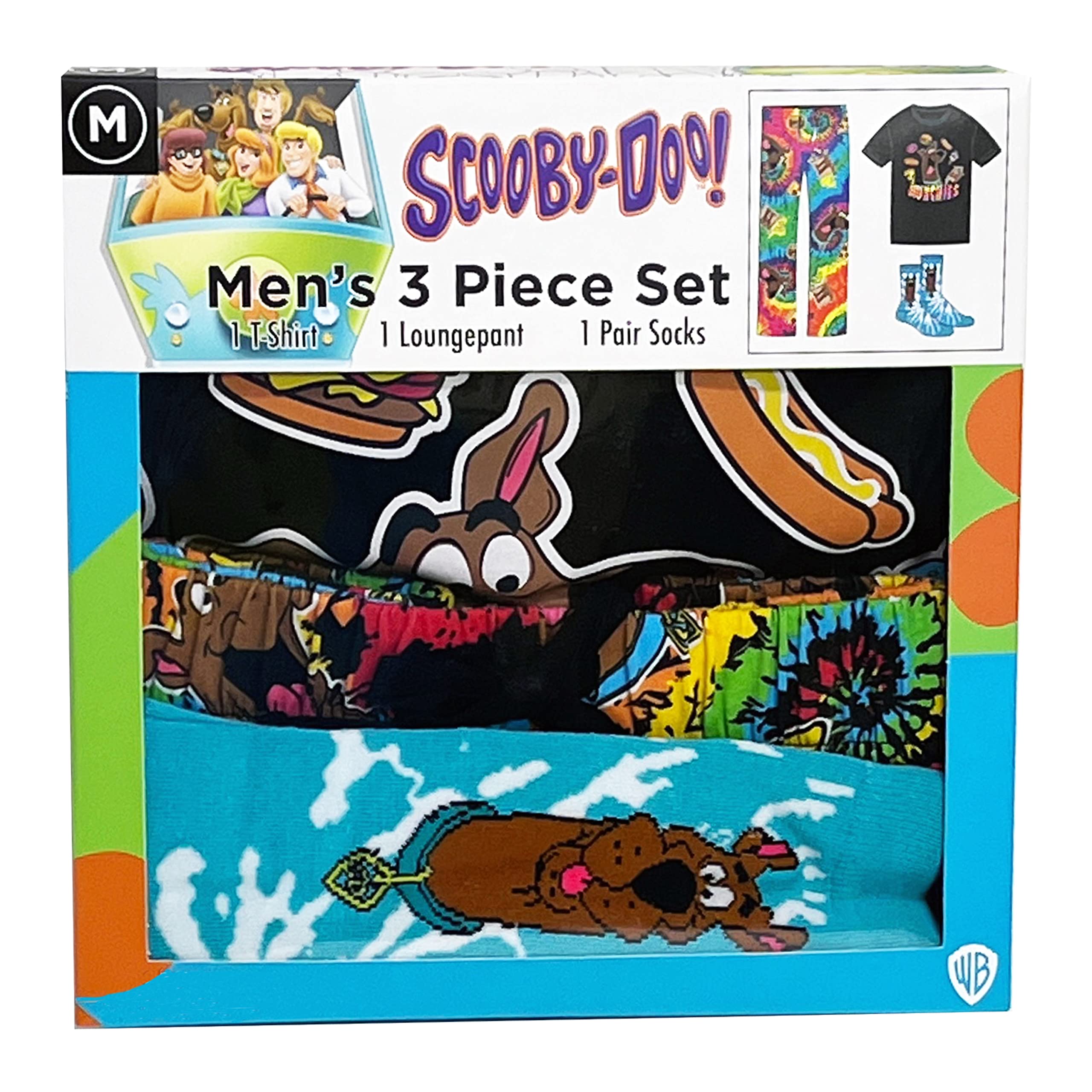 Scooby-Doo Men's 3-Piece Lounge Set - Tie Dye T-Shirt, Pants & Socks with Scooby Snacks Print (Sizes S-XL) | Cozy Pajama Outfit for Cartoon Fans, Sleepwear & Casual Home Wear