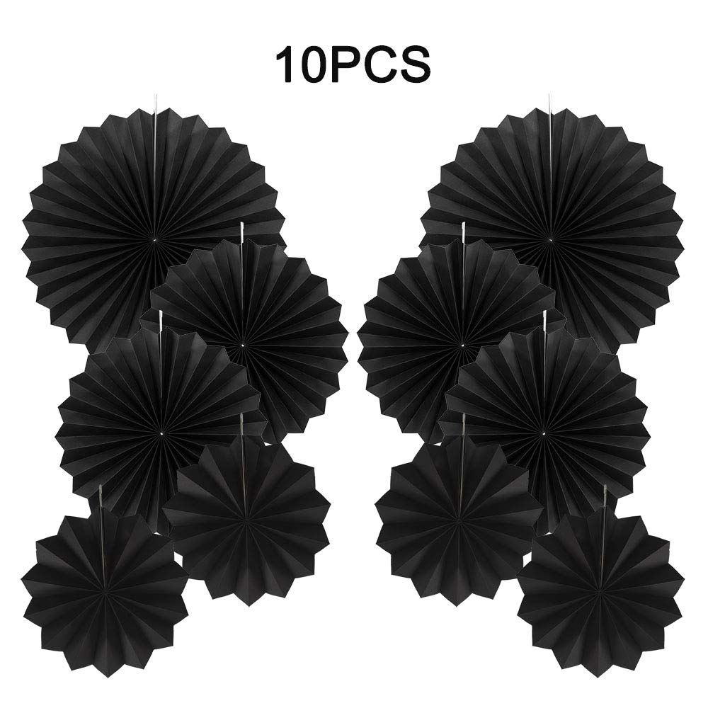10-Pack Black Round Paper Fans for Party Decorations - Hanging Ceiling Fan Decor Set for Birthday, Wedding & Baby Shower Events