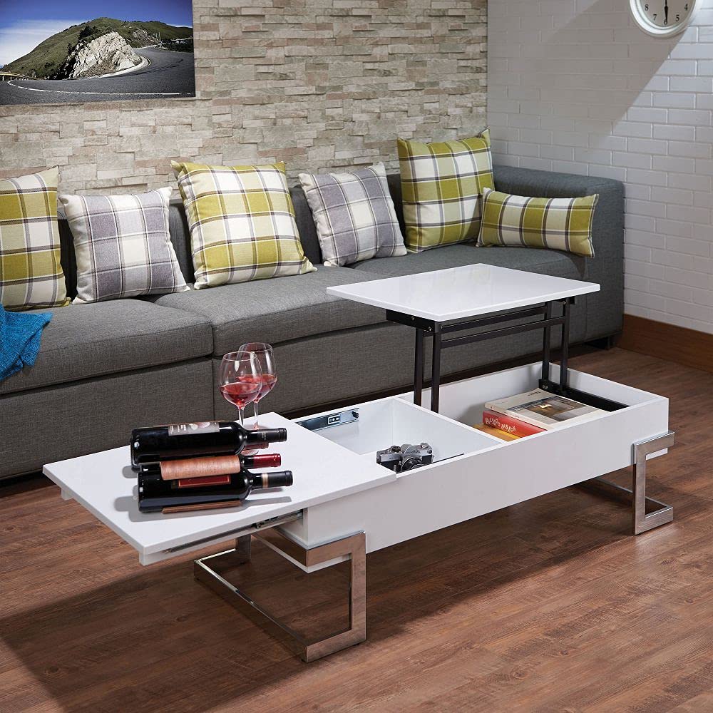 TITA-DONG Modern White & Chrome Coffee Table with Glass Top - 36