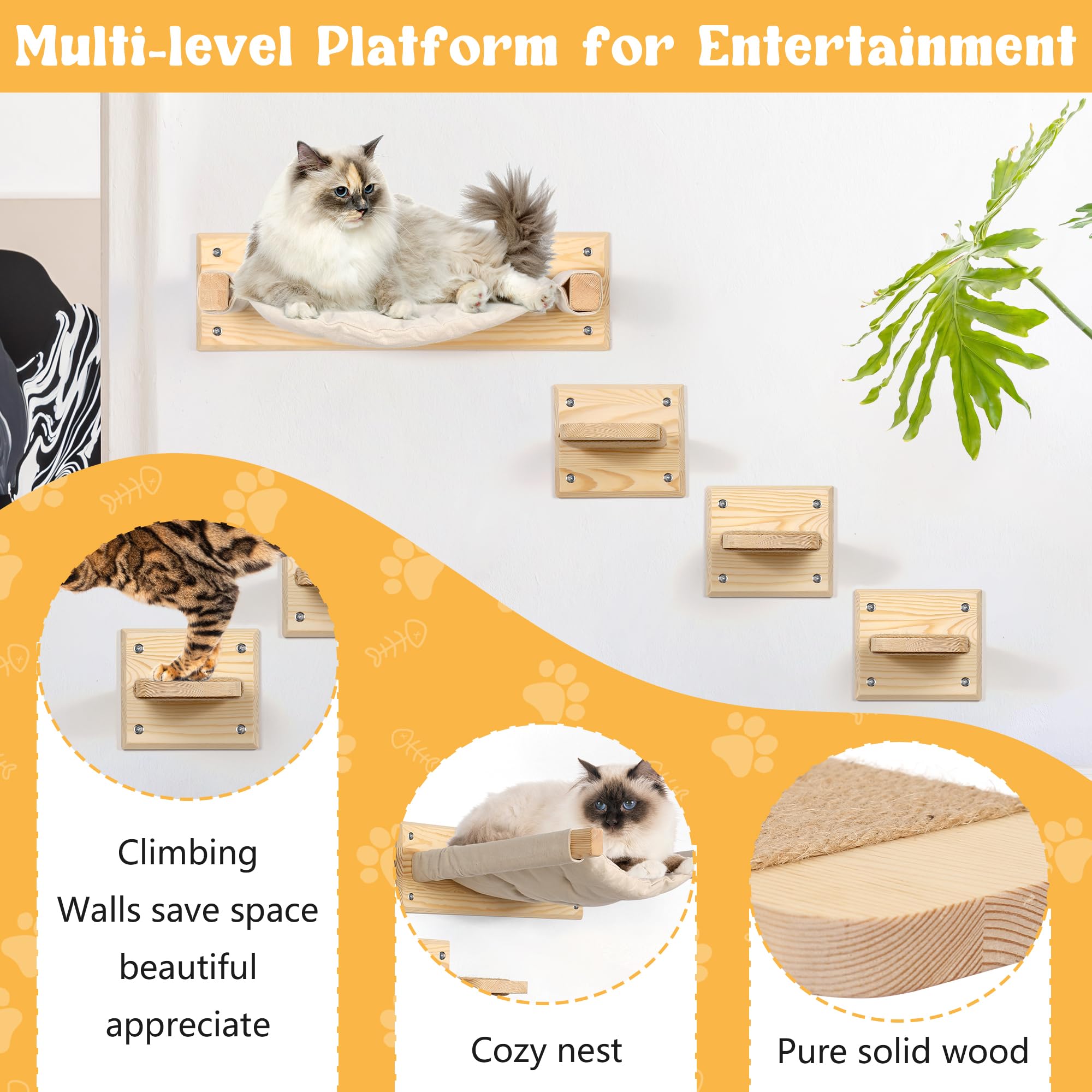 Premium Multi-Level Wall Mounted Cat Furniture with Double Hammock, Steps & Sisal - Modern Cat Shelves, Stylish Cat Bed for Indoor Play & Climbing - Perfect for Small Spaces & Cat Enrichment