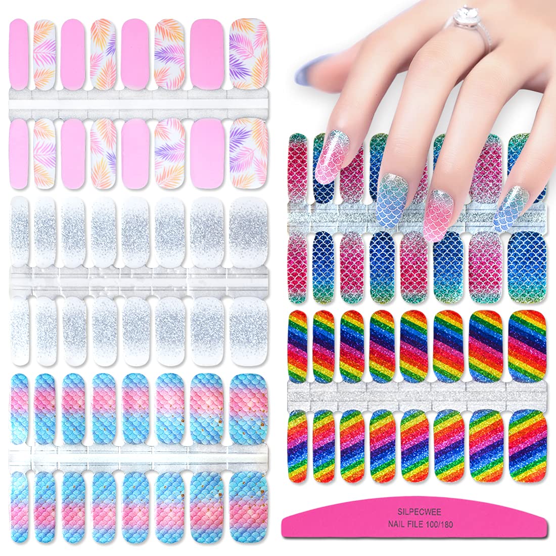 SILPECWEE 5 Sheets Rainbow Glitter Nail Polish Strips - Self-Adhesive Full Nail Wraps for Women | DIY Nail Art Stickers with Free Nail File | Perfect for Parties, Weddings & Daily Nail Care