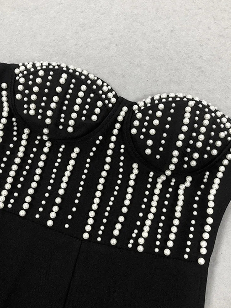 Celebrity Women's Luxury Sexy Strapless Pearl Black Bodycon Bandage Jumpsuit - 2025 High Street Designer Romper for Night Out, Club Party & Special Occasions