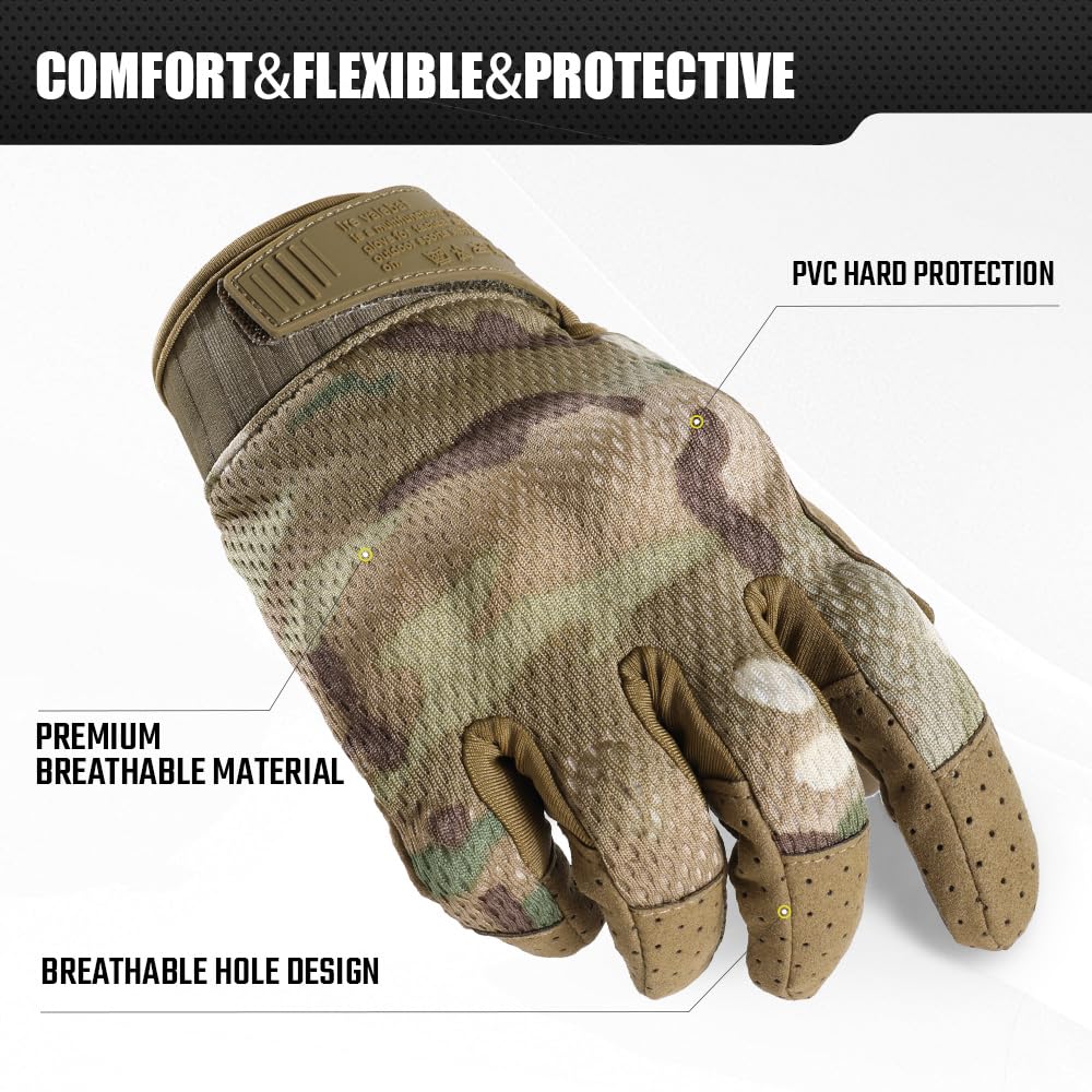 Upgraded Tactical Gloves for Men - Camo Breathable Summer Touchscreen Full Finger Work Gloves | Outdoor Sports, Shooting, Cycling & DIY Projects