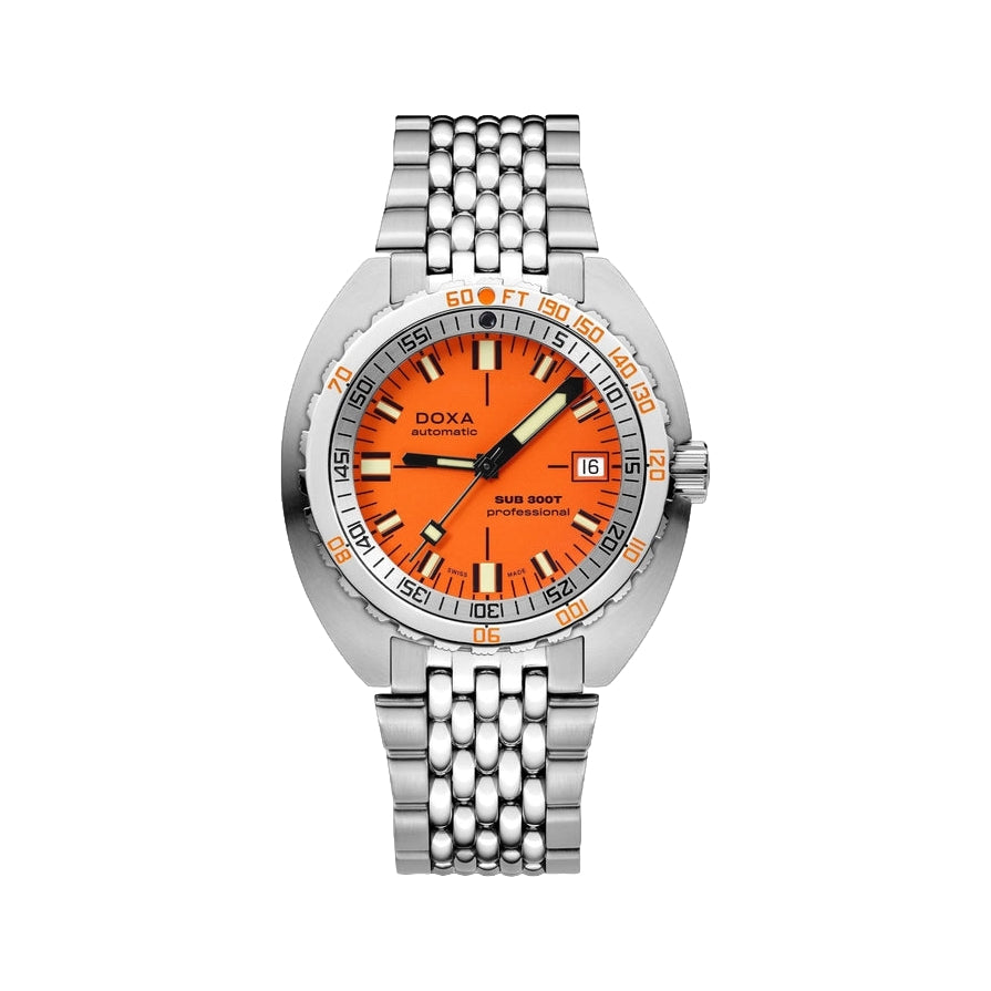 SUB 300T Professional 42.5mm Orange Diver Watch with Stainless Steel Bracelet - Perfect for Scuba Diving, Water Sports & Outdoor Adventures