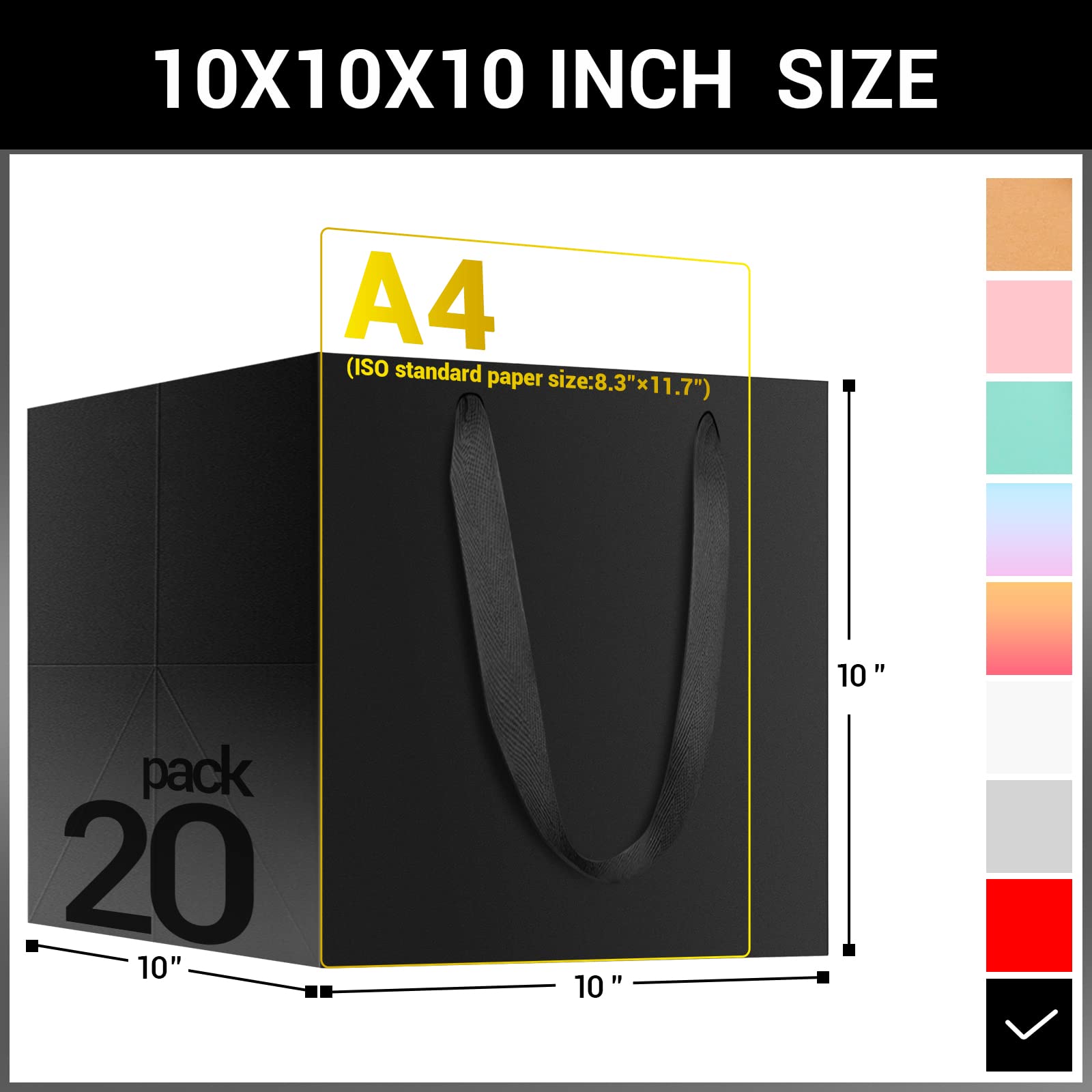 EUSOAR 10x10x10 Inches Black Paper Gift Bags with Handles - Pack of 20 | Eco-Friendly Business Packaging, DIY Craft, Wedding Favor & Party Decoration Bags | Perfect for Retail, Events and Holiday Gift Wrapping