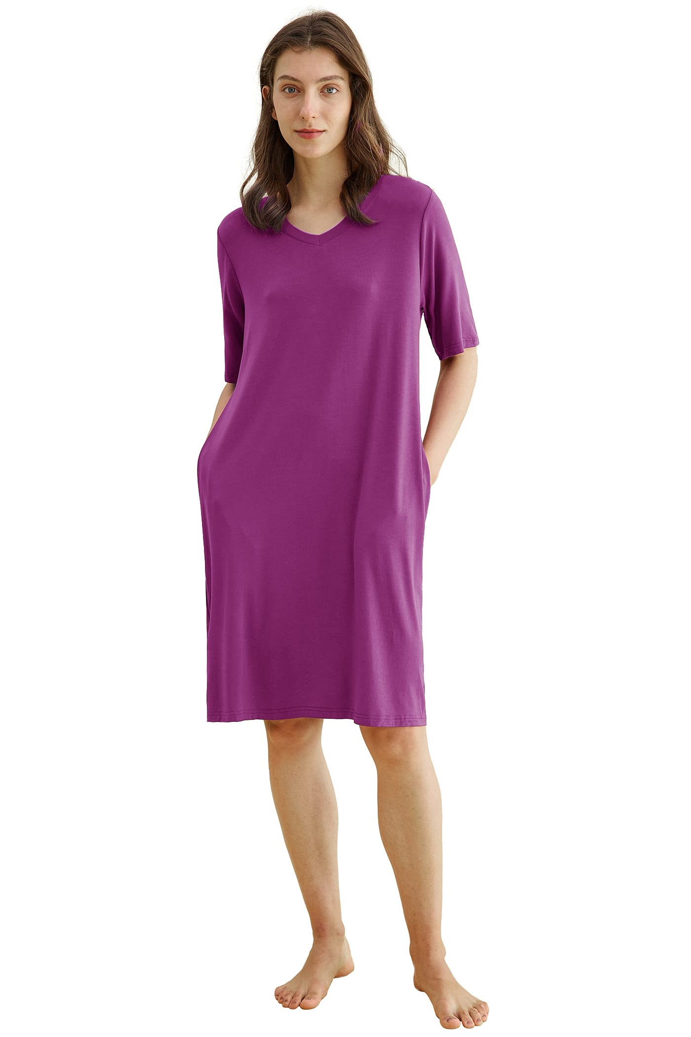 Comfortable Women's Bamboo Viscose Nightgown - Soft V-Neck Sleep Shirt with Pockets for Lounge & Sleep | Breathable & Eco-Friendly Pajama Dress for Women