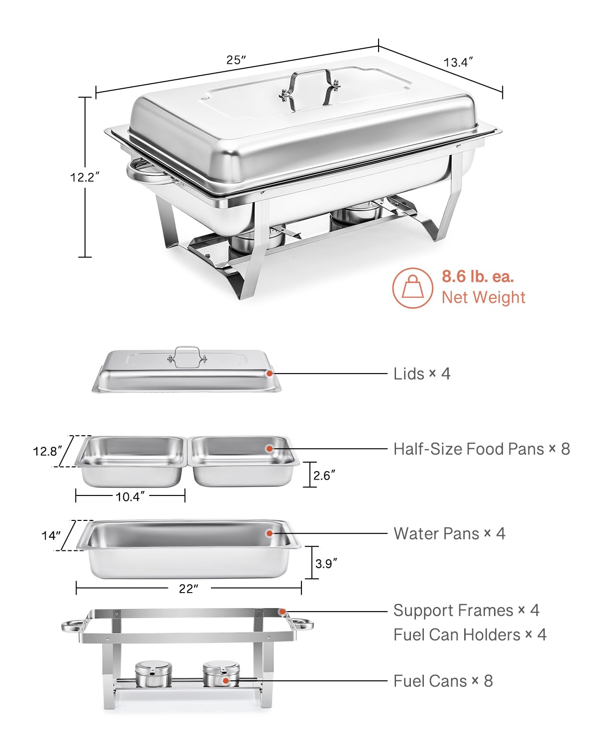 Stainless Steel Chafing Dish Buffet Set - 4 Pack 8 Qt Catering Warmers with 8 Half Size Food Pans, 4 Lids & Foldable Frames - Perfect for Parties, Buffets, Banquets, Weddings & Catering Events - Keep Food Warm for Hours