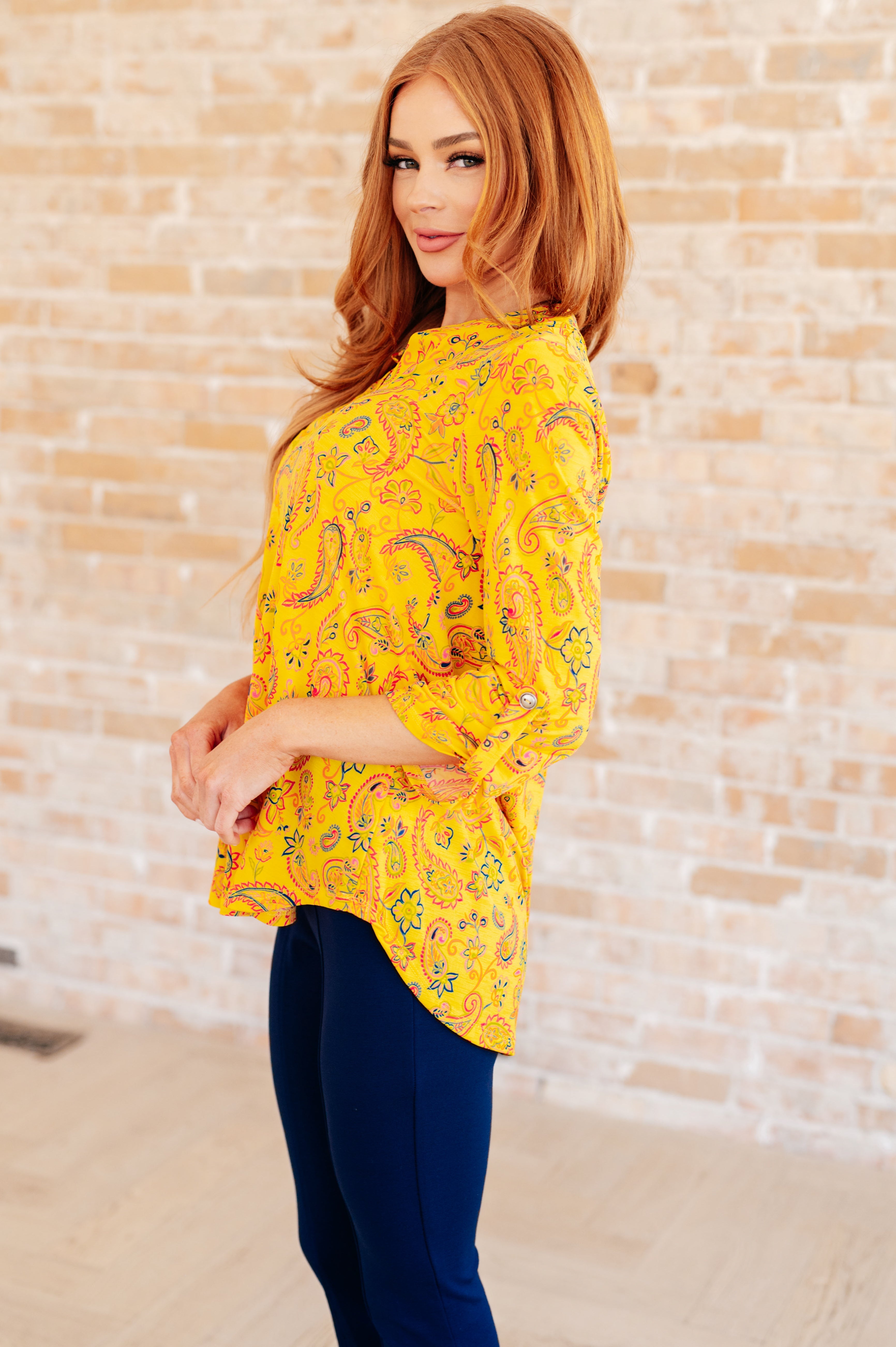 Lizzy Top - Stylish Yellow & Navy Paisley Print Women's Blouse | Perfect for Casual Outings, Office Wear & Summer Fashion