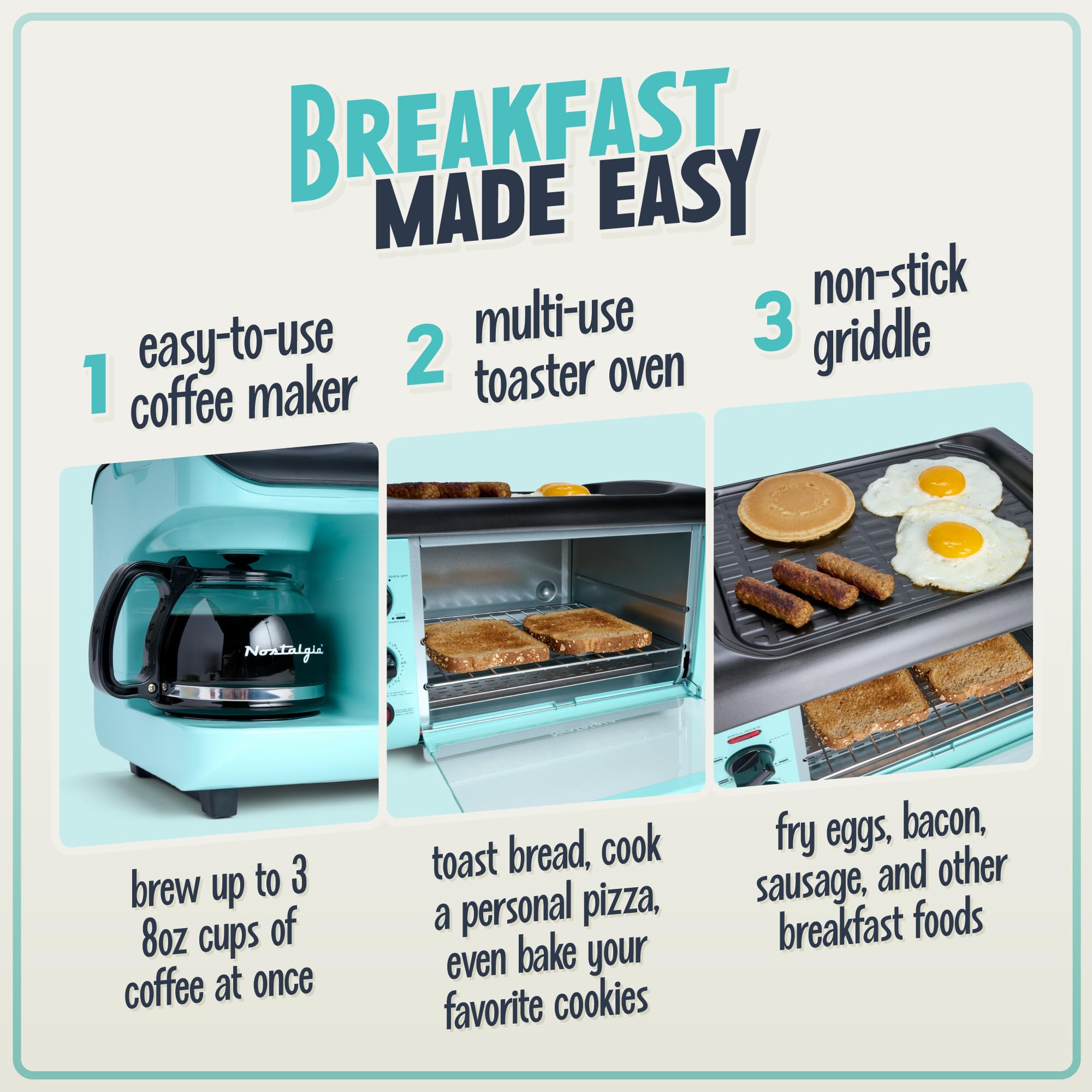 Nostalgia 3-in-1 Breakfast Station with Coffee Maker, Non-Stick Griddle & 4-Slice Toaster Oven | Versatile Breakfast Maker with Timer | Perfect for Small Kitchens, Dorms & RV Living | Aqua