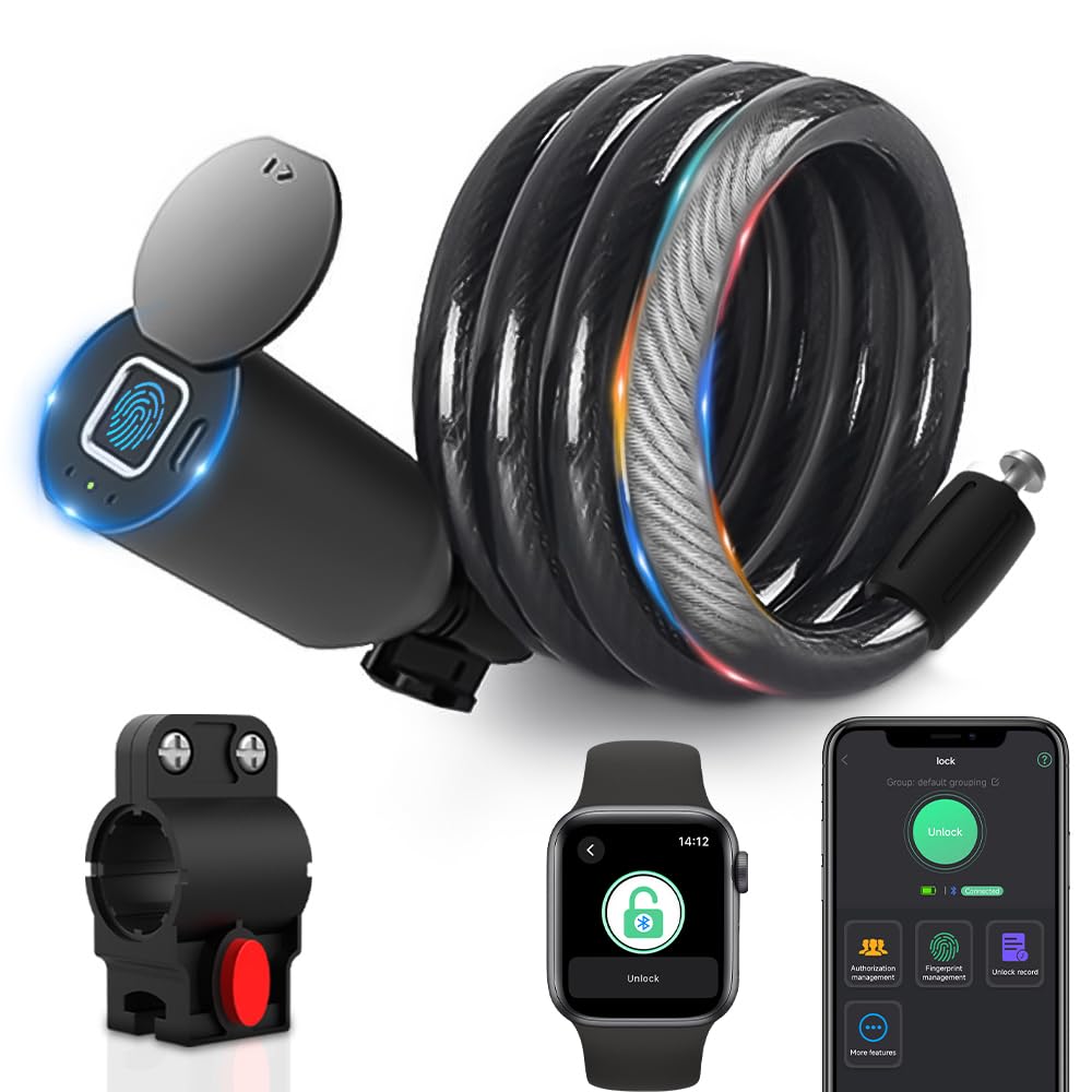 eLinkSmart Fingerprint Bike Lock - Keyless 150cm Steel Cable with Phone App Control - Waterproof & Remote Access for Bicycle, E-Bike, Scooter, Motorcycle & Door Security - Perfect for Urban Commuting & Outdoor Adventures