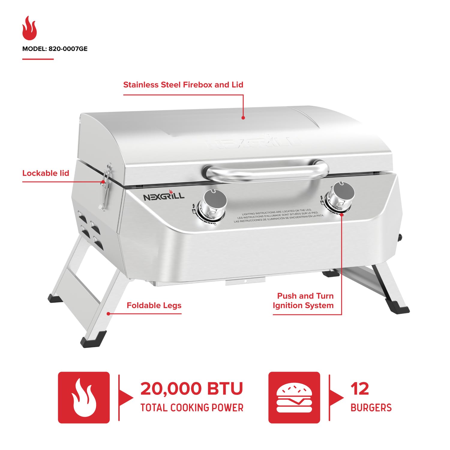 Nexgrill 2-Burner Portable Gas Grill - Stainless Steel, 20,000 BTU, 251 Sq In Cooking Space with Locking Lid & Folding Legs - Perfect for Camping, Backyard BBQs, Tailgating, and Outdoor Cooking (Model 820-0007GE)