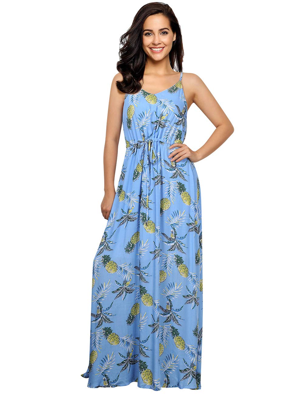 Women's Floral Maxi Dress with V-Neck and Adjustable Straps - Lightweight Summer Beach Dress for Vacation, Pool Party, and Casual Outings