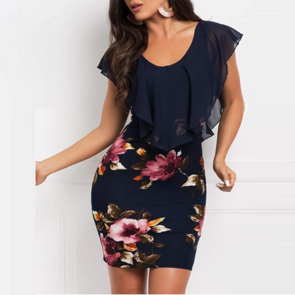 Floral Print Pencil Dress for Women - Ruffle Batwing Cape Bodycon Dress Slim Fit Casual Tight Dress (Navy, XL) | Perfect for Office Wear, Date Night & Special Occasions