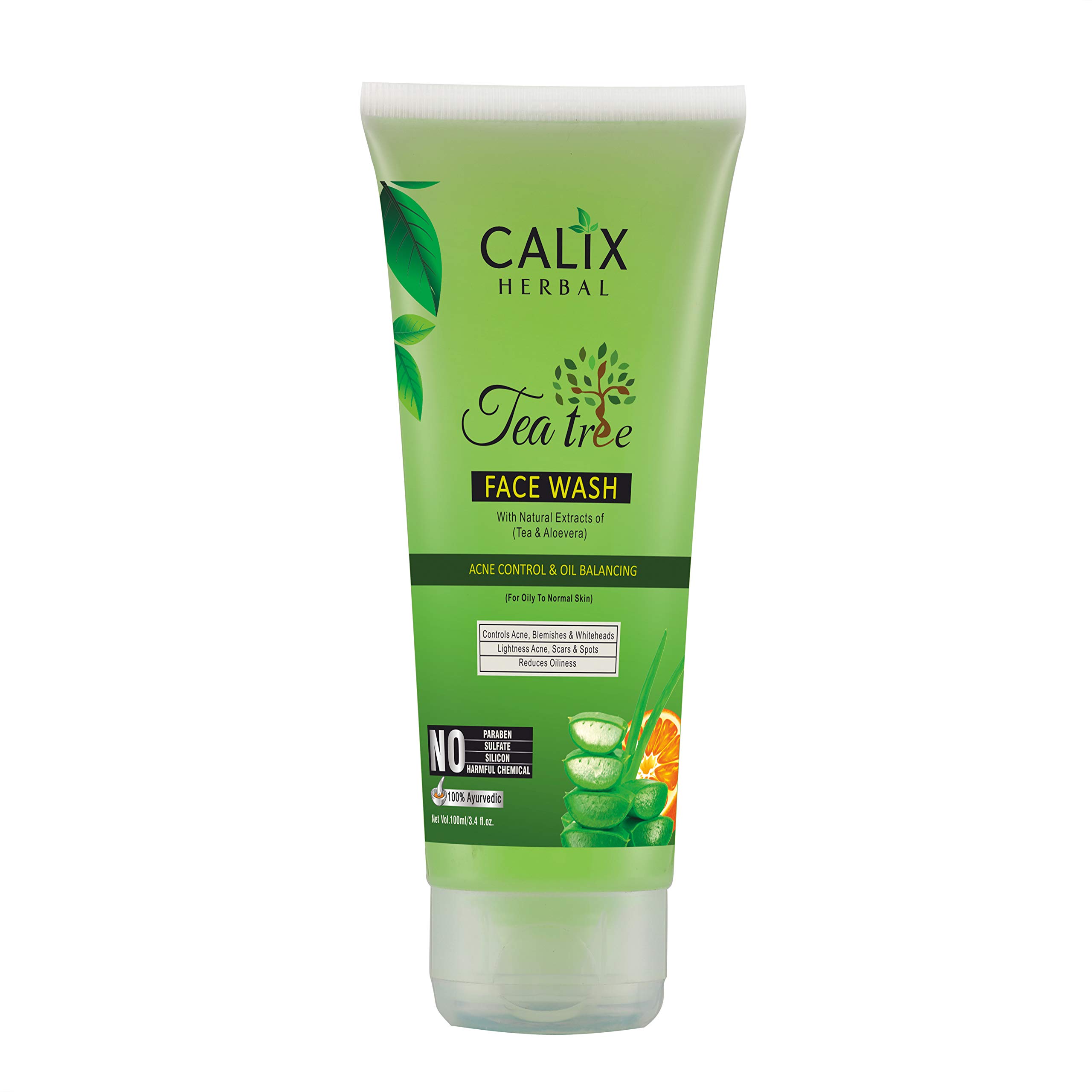 Calix Herbal Organic & Ayurvedic Tea Tree Face Wash for Acne Control & Oil Balancing - Deep Cleansing for Oily to Normal Skin, Reduces Scars & Spots - 100ml | Perfect for Daily Skincare Routine & Acne-Prone Skin