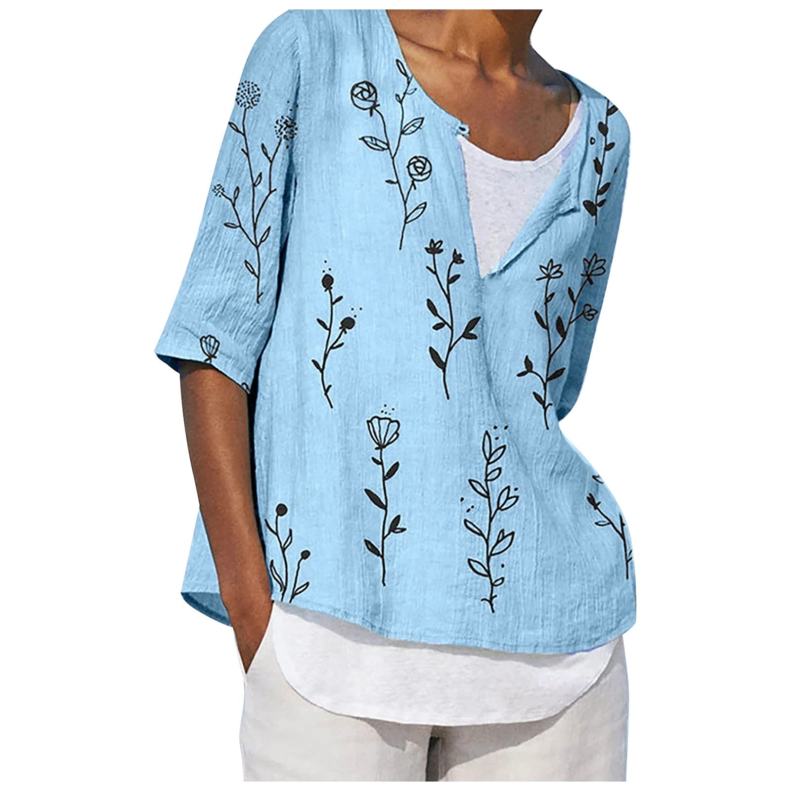 Women's White Button Up Shirt - Casual V-Neck Printed Pullover Top with Half Sleeves | Loose Fit Summer Blouse for Work, Date Night & Weekend Outings