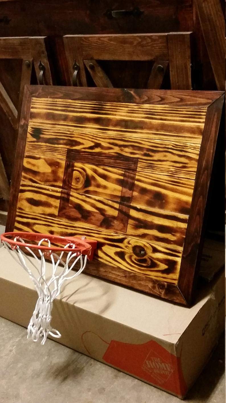 Handmade Mini Wooden Basketball Hoop - Rustic Burnt Wood with Clear Coat Finish - Perfect for Kids Room Decor, Office Desk Toy, and Indoor Basketball Games