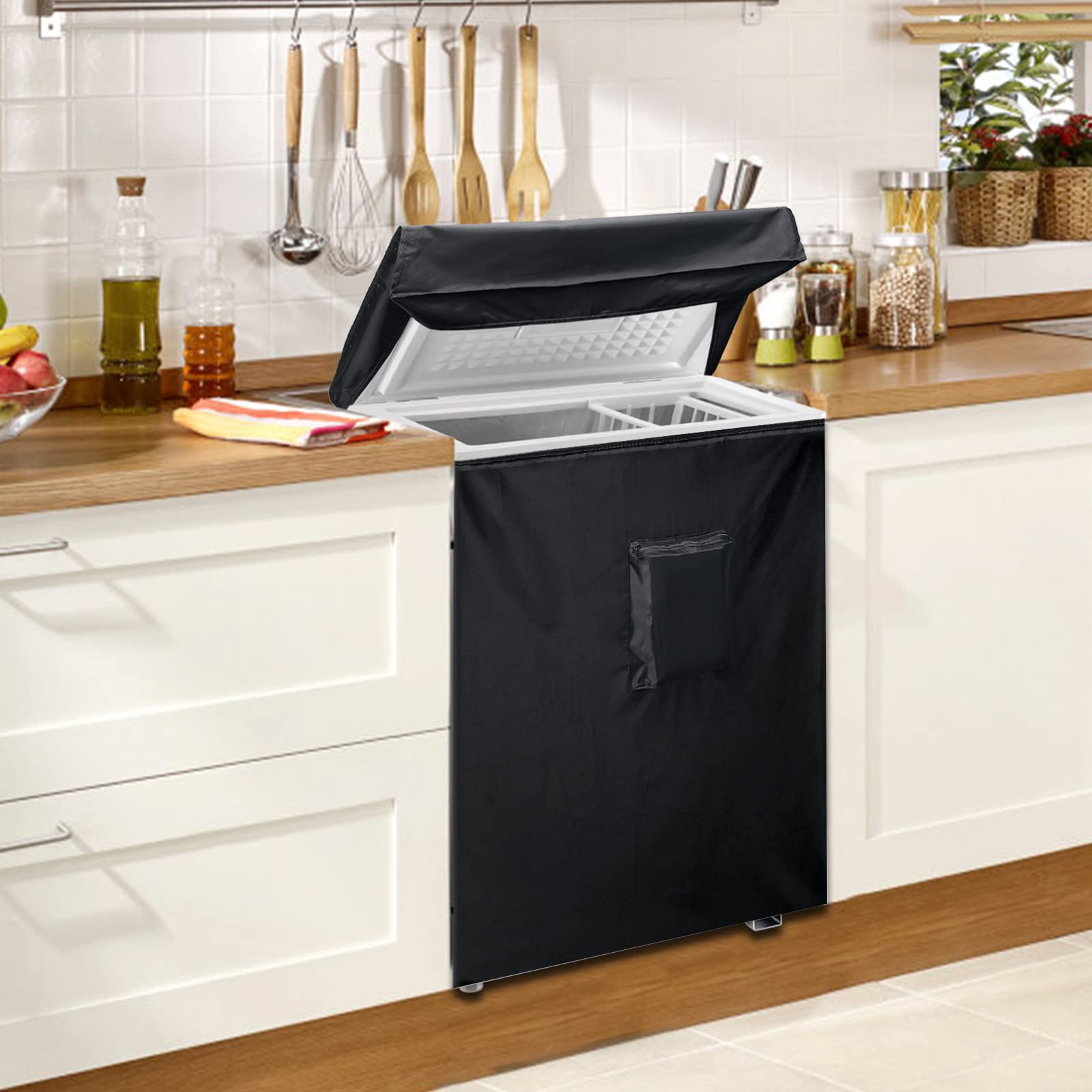 Luxiv Waterproof Black Chest Freezer Cover - 25Lx23Wx34H Compact Size for 5 Cubic Feet Freezers | Heavy Duty Zipper Pocket & Adjustable Straps | Perfect for Outdoor, Garage, or Basement Storage