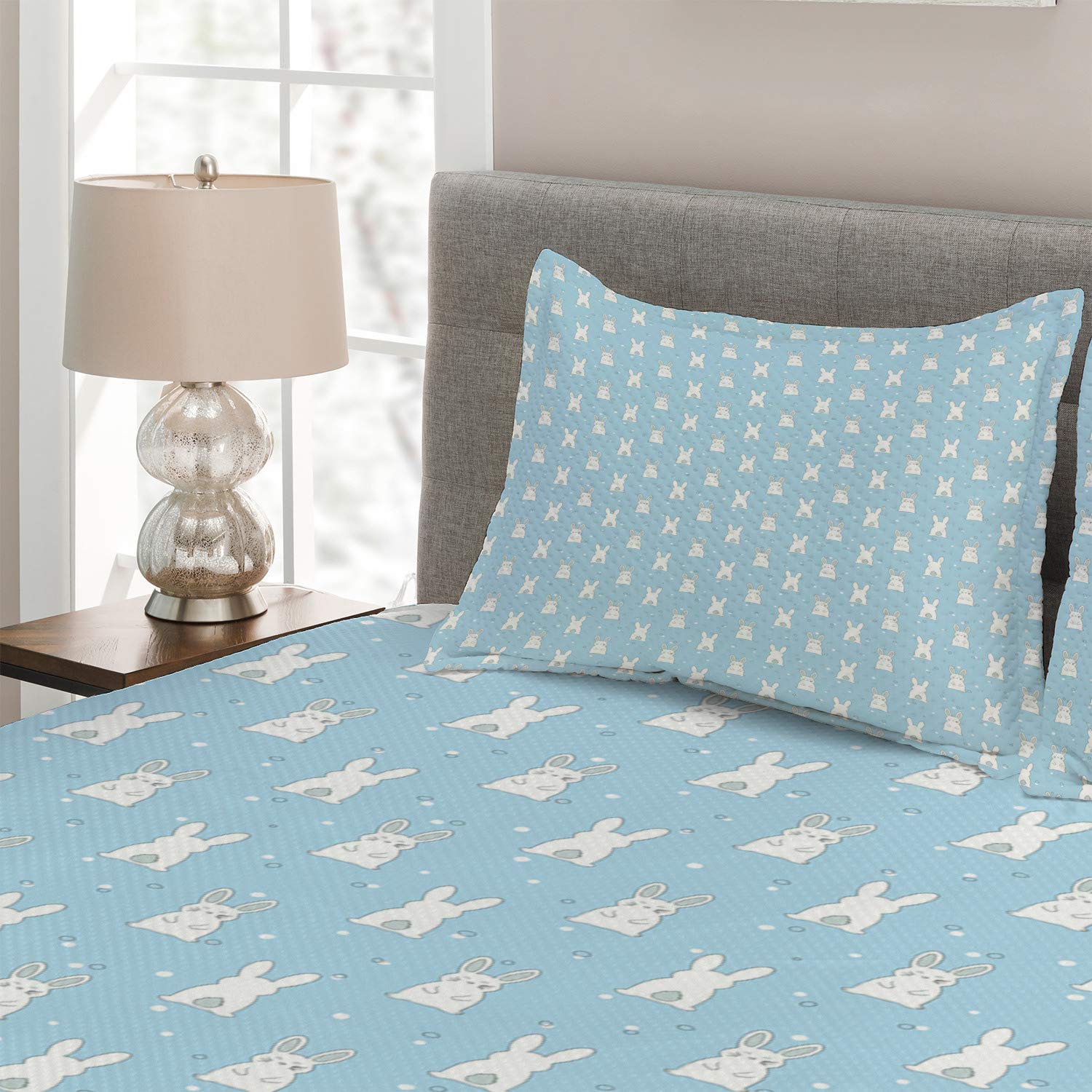 Ambesonne Easter Bunny Coverlet Set - 3 Piece King Size Bedding with Rabbit Illustration, Cartoon Tail Design in Pale Blue, Cadet Blue & White | Perfect for Spring Decor, Easter Themed Bedrooms & Cozy Home Styling