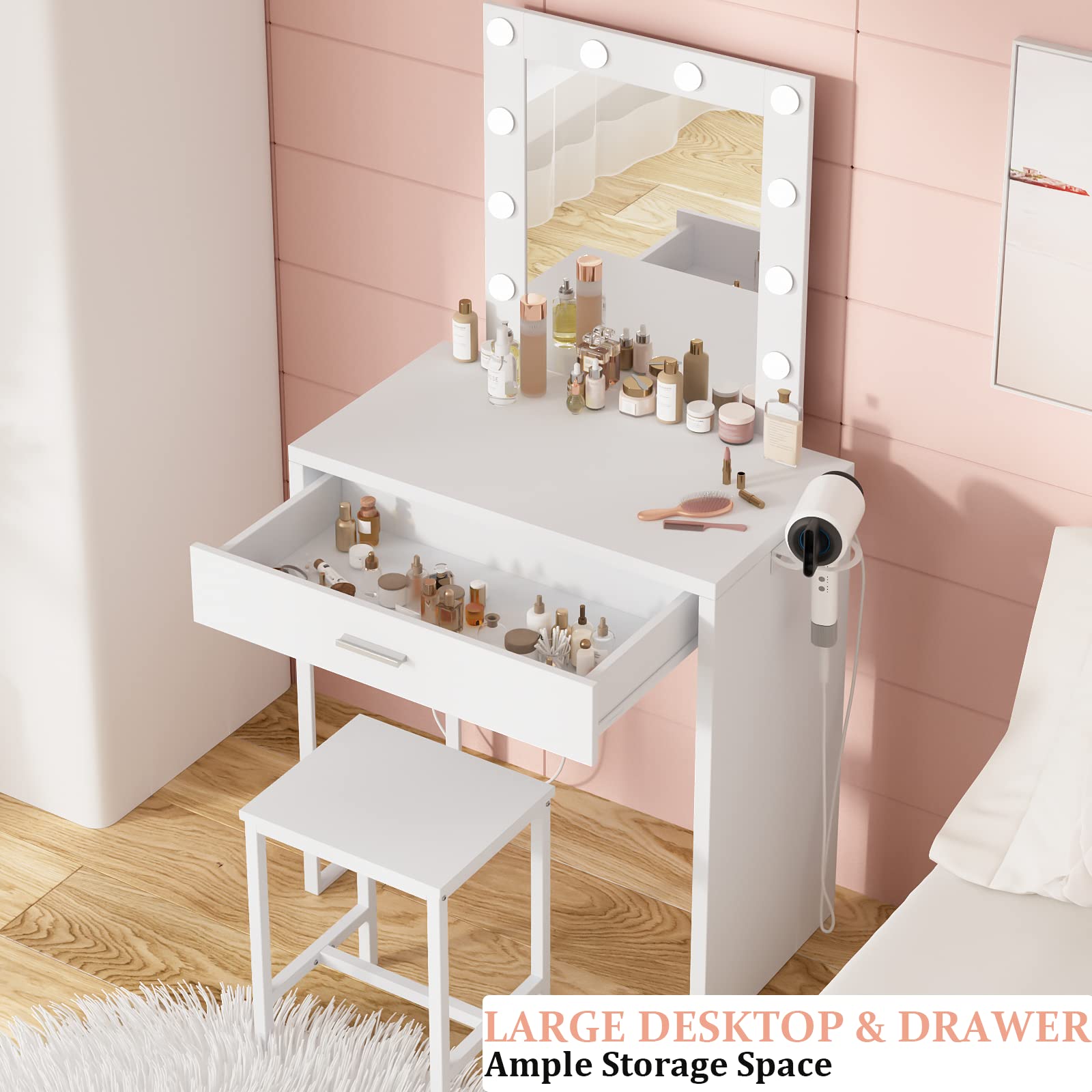 White Makeup Vanity Desk with LED Lights & Mirror - Adjustable Brightness Vanity Table & Chair Set for Girls' Bedroom | Perfect for Beauty Routine, Dressing Area & Small Space Decor