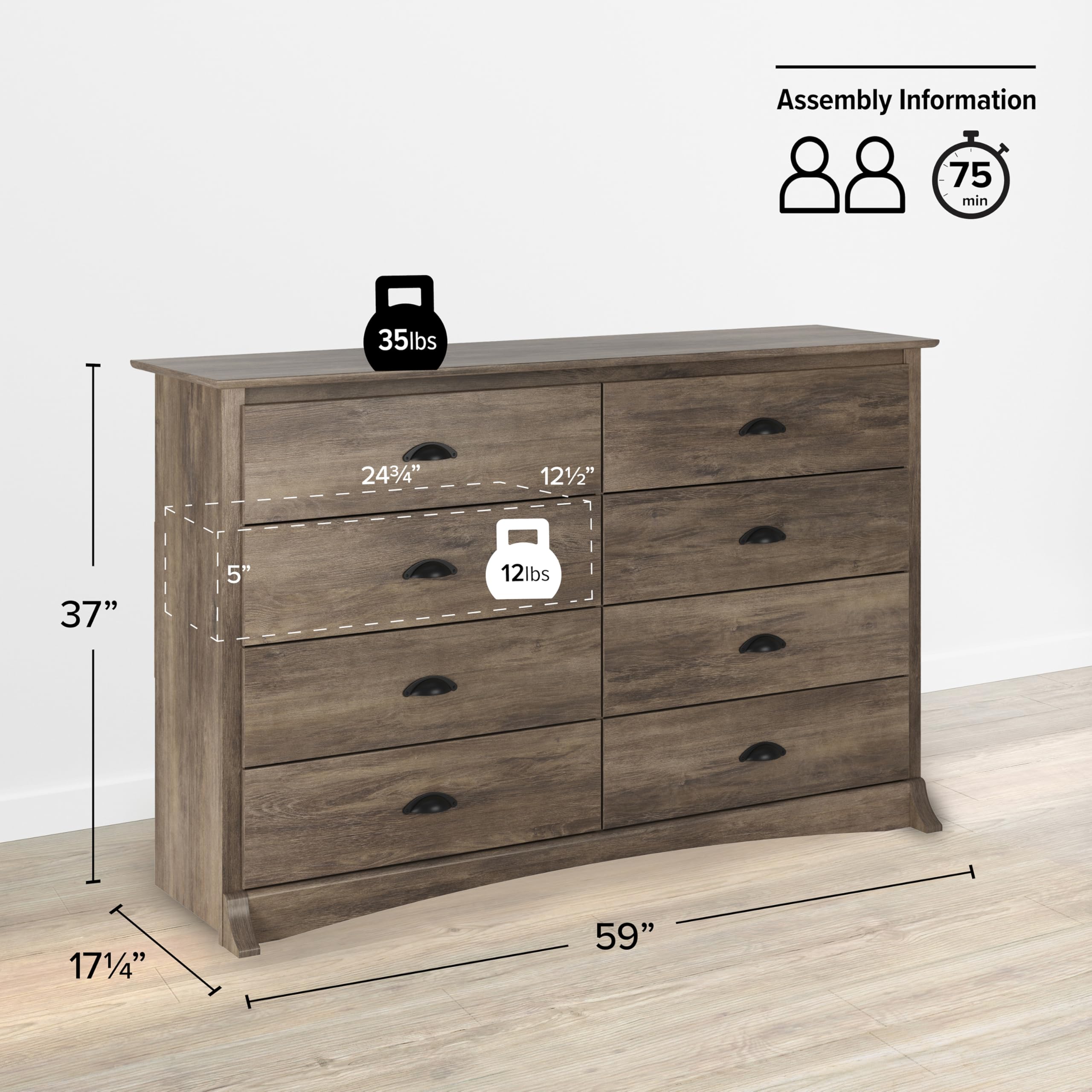 Prepac Sonoma 8-Drawer Double Dresser - Wide Chest of Drawers for Bedroom Furniture, Clothes Storage & Organization (Drifted Gray, 59
