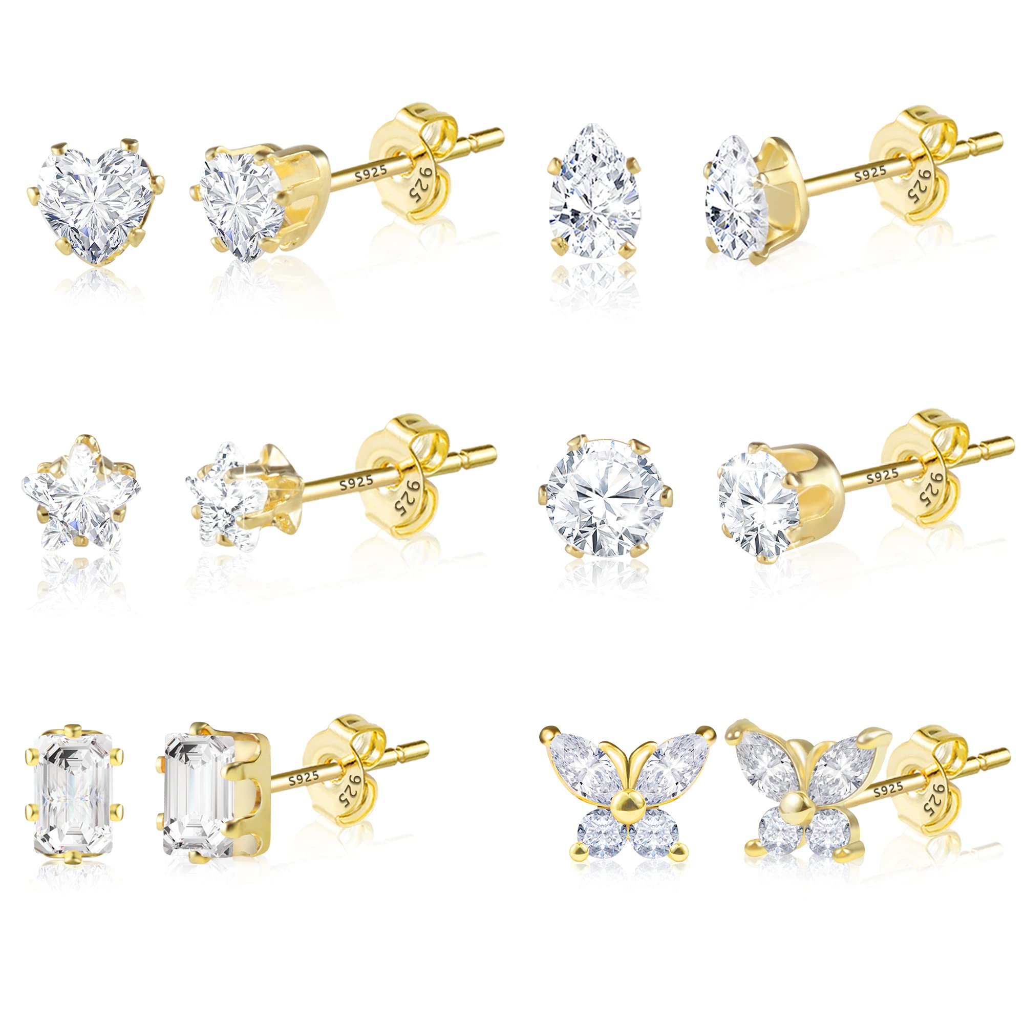 Sparkling Cubic Zirconia Stud Earrings Set - Butterfly & Heart Design in Silver/Gold for Women, Girls & Men | Perfect for Everyday Wear, Gifts & Special Occasions
