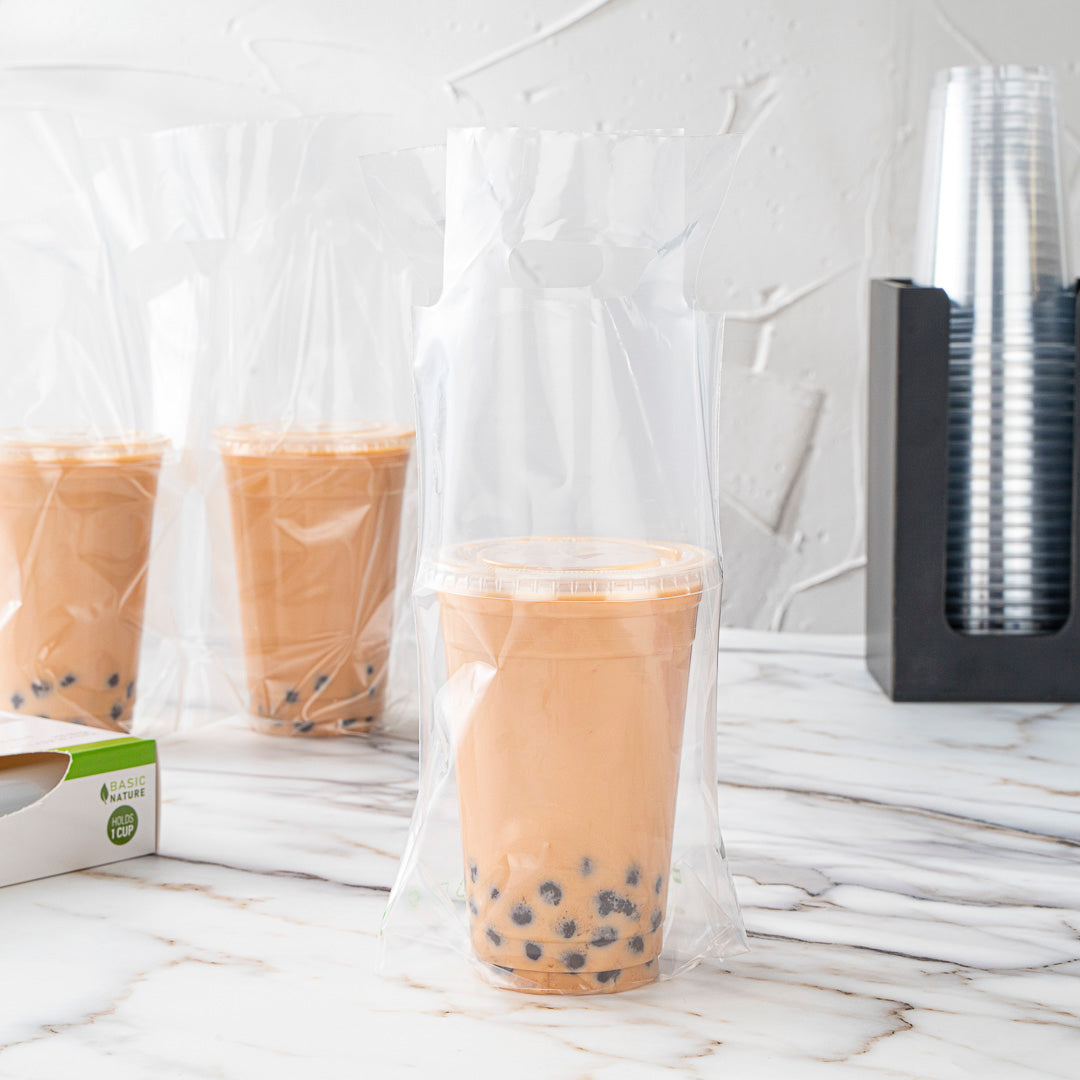 Eco-Friendly Clear Plastic Drink Carrier Bag - Holds 1 Cup, Biodegradable & Durable (6.25