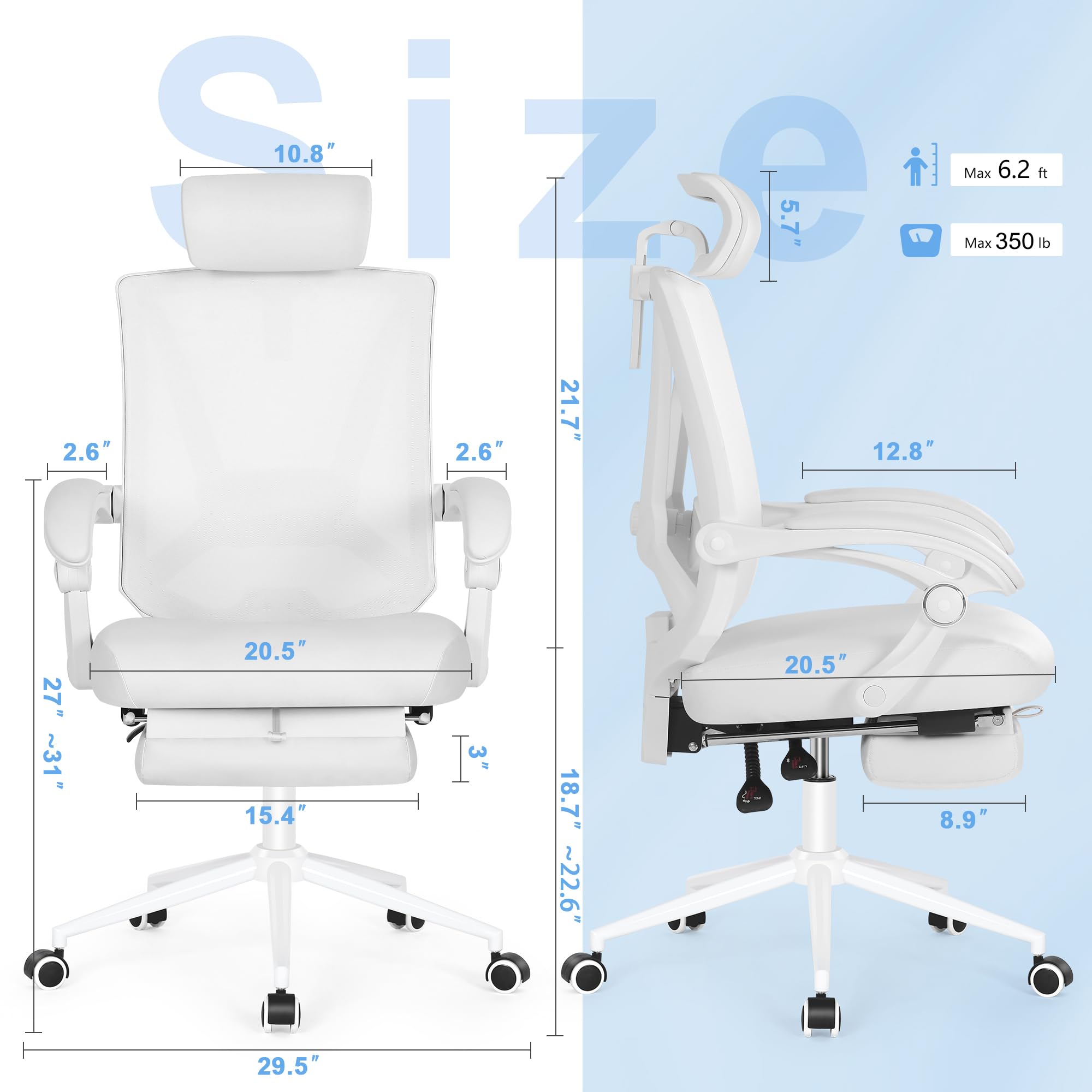 Ergonomic Office Chair with Footrest & Adjustable Lumbar Support - High Back Computer Chair with Headrest - White Leather Desk Chair for Home & Office Workspace Comfort