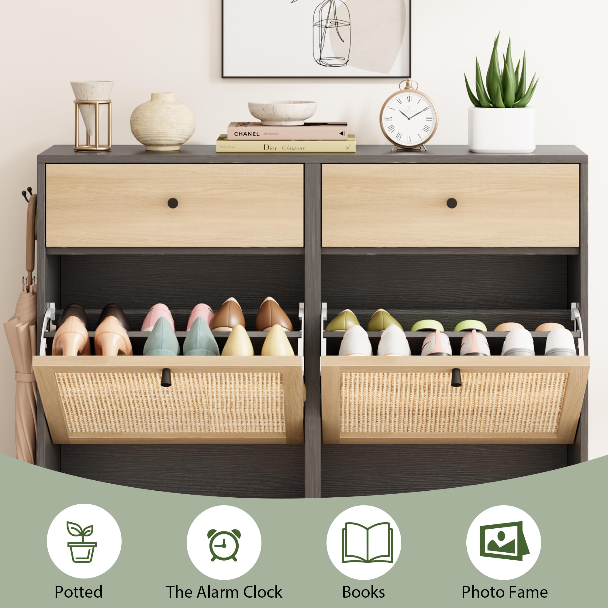 Black Rattan Shoe Cabinet with 4 Flip Drawers & 2 Drawers - Narrow Wooden Entryway Shoe Storage Organizer with Metal Legs | Freestanding Hidden Shoe Rack for Hallway, Bedroom or Closet Organization