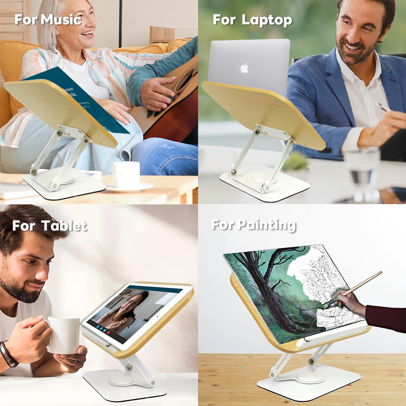Adjustable Wooden Book Stand for Hands-Free Reading - 360° Swivel Base Desktop Book Holder for Cookbooks, Textbooks, Tablets & Laptops - Perfect for Kitchen, Office, Study & Art Studio Use