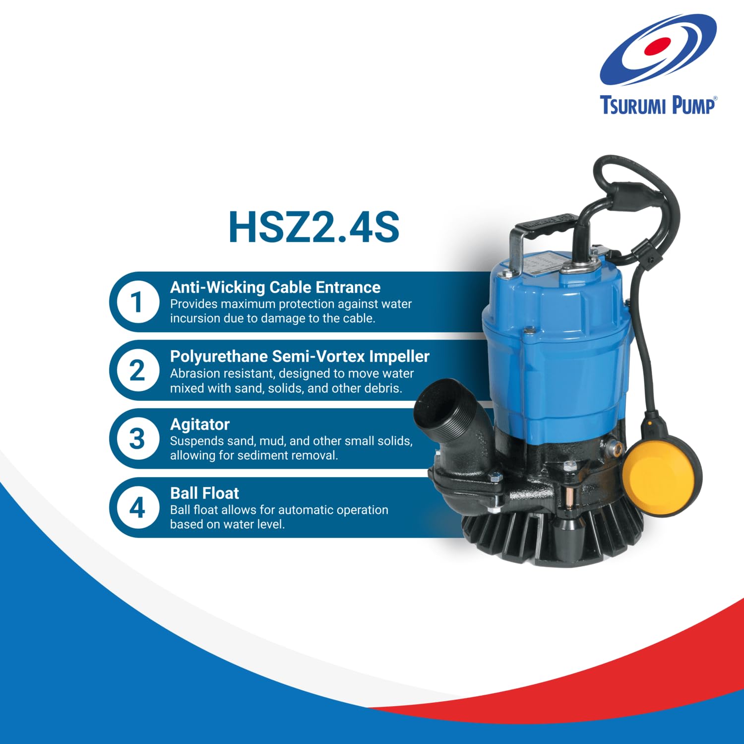Tsurumi HSZ2.4S 1/2 HP Submersible Trash Pump with Float Switch - 115V, 2