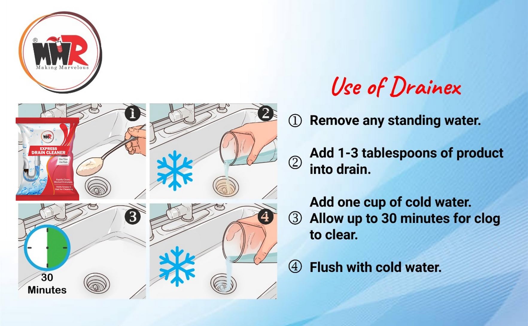 MMR Making Marvelous Drain-Insta All Pipe Safe Express Drain Cleaner Powder - Fast Acting Clog Remover for Sinks, Showers & Bathtubs (50g x 10 Pack) - Ideal for Kitchen, Bathroom & Household Plumbing Maintenance