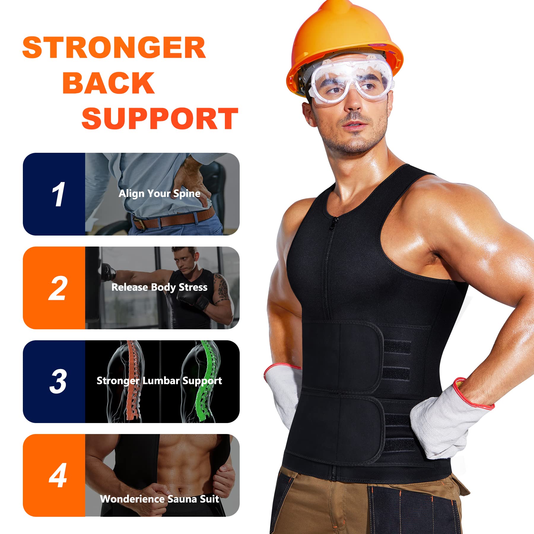 Wonderience Men's Sauna Suit with Adjustable Waist Trainer Belt - Neoprene Sweat Vest for Weight Loss & Detox - Perfect for Gym, Workout & Home Fitness Training