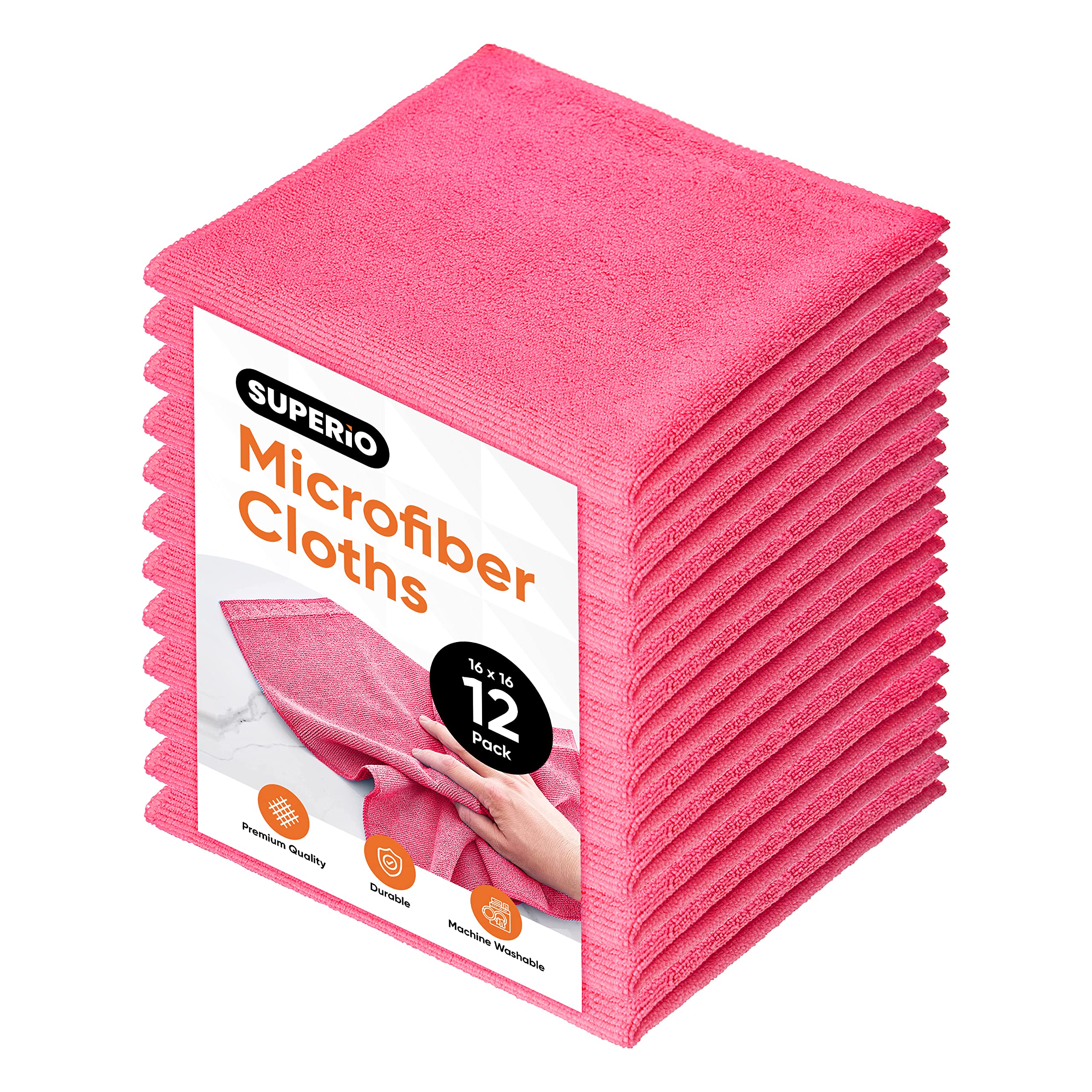 Superior Pink Microfiber Cleaning Cloths - 16x16 Inch Ultra Absorbent, Lint-Free, Reusable Cloths for Car Detailing, Kitchen, Bathroom & Household Cleaning (12 Pack) - Scratch-Free, Streak-Free, No Detergents Needed for Shiny Surfaces