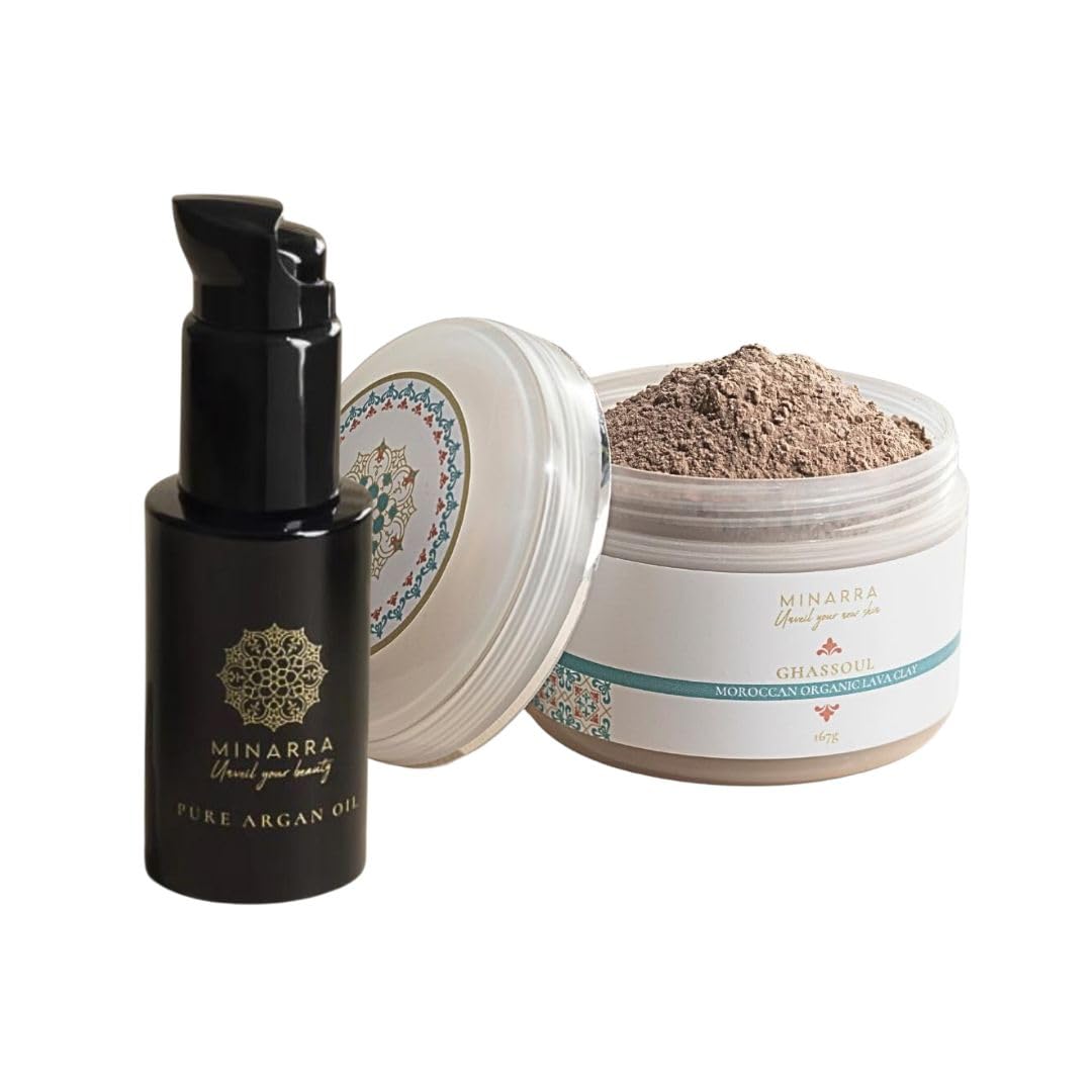 Pure Moroccan Argan Oil for Face & Body + Ghassoul Lava Clay Cleanser & Moisturizer Set | Organic Skincare Bundle for Dry Skin, Acne Treatment & Deep Cleansing | Perfect for Spa Day & Daily Beauty Routine