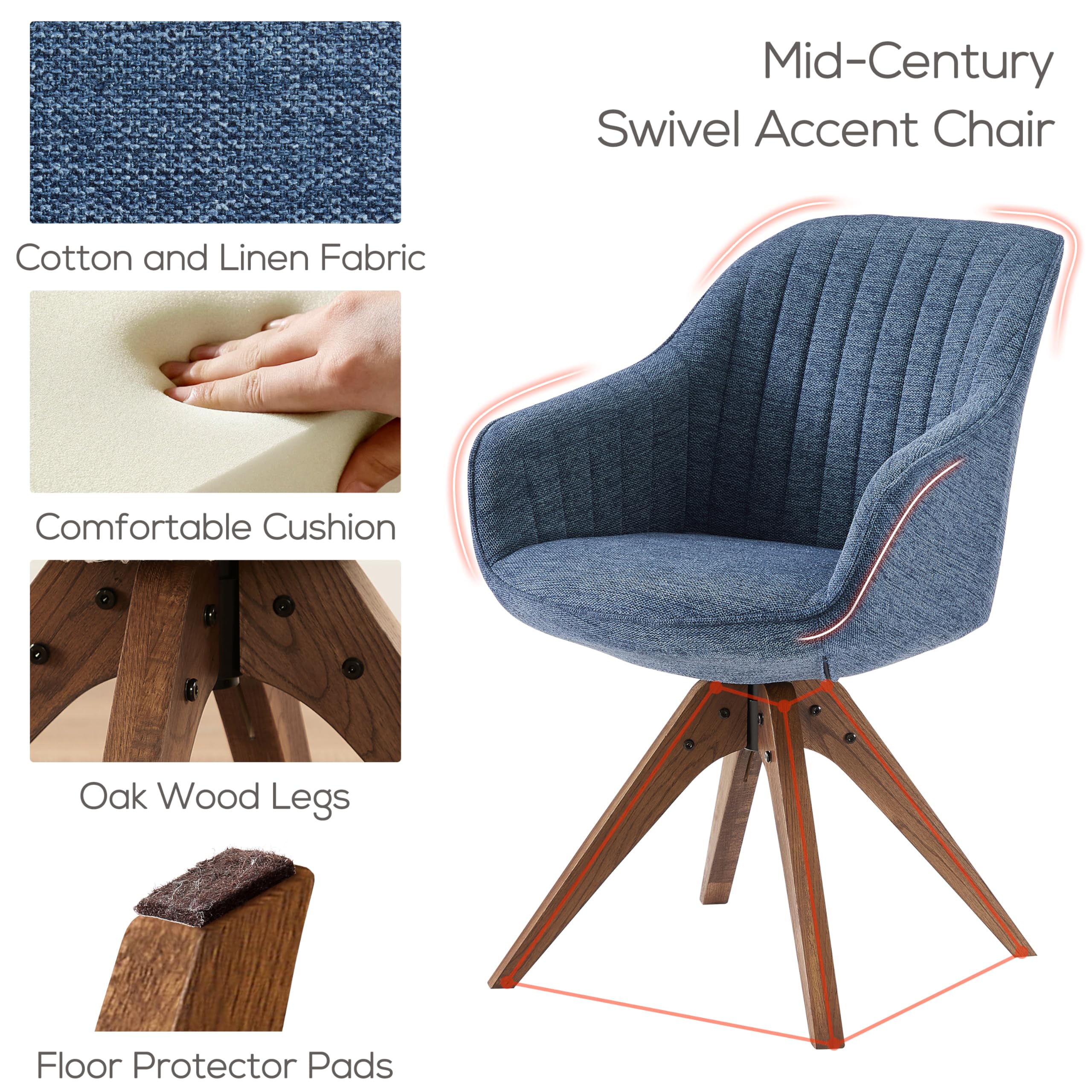 Art Leon Mid Century Modern Office Chair - No Wheels Swivel Accent Chair with Oak Wood Legs & Fabric Upholstery, Blue - Perfect for Home Office, Study Room & Reading Nook