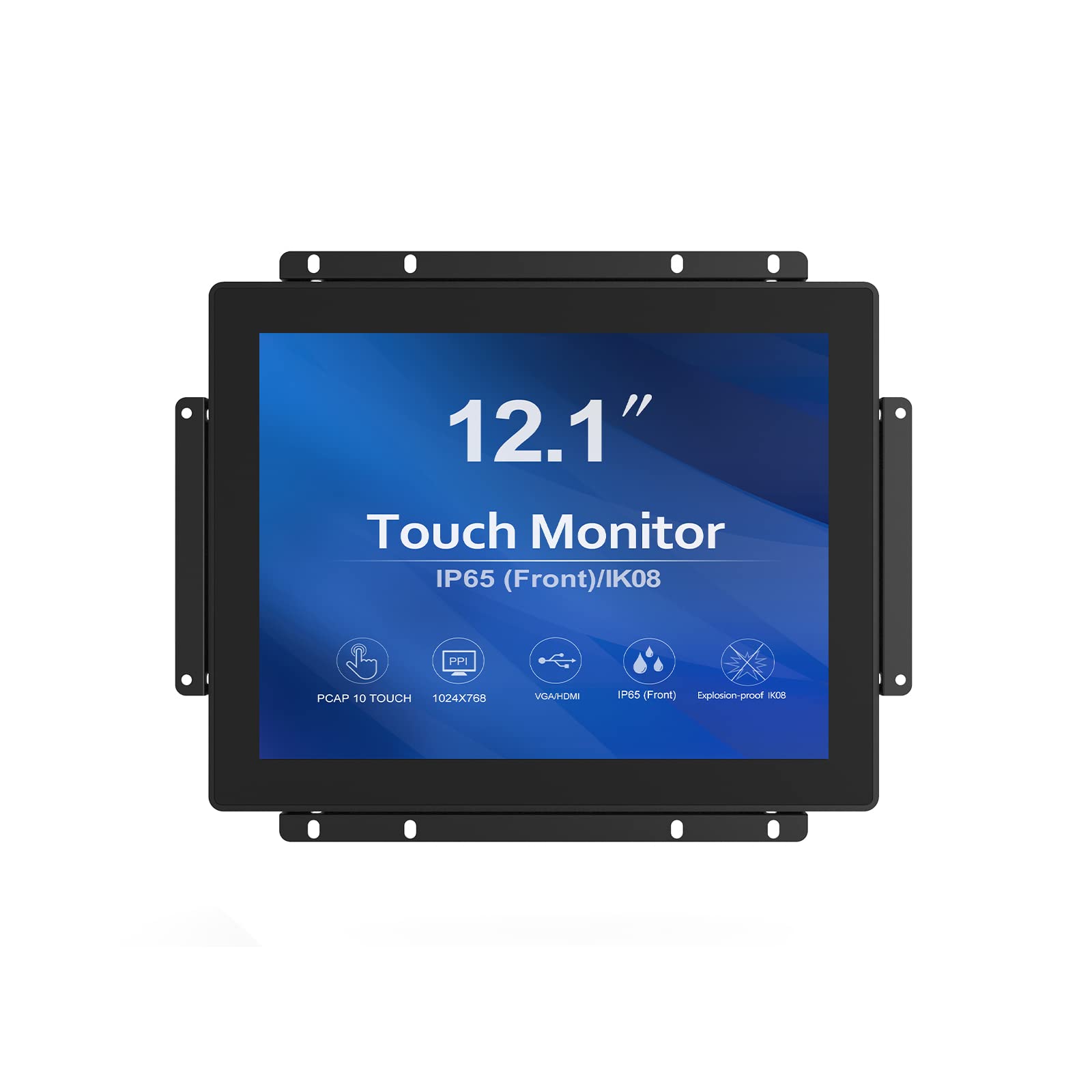 12.1 Inch 10-Point Touch Screen Monitor - IK08/IP65 Rated Open Frame Display with 1024x768 Resolution, Wall Mountable or Desktop Use for Industrial, Retail, and Kiosk Applications