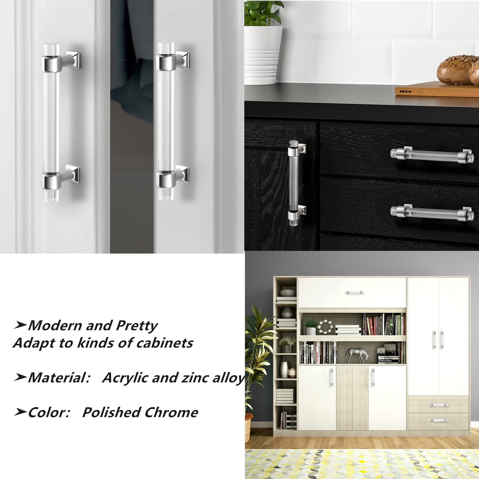 20 Pack 4 Inch Zinc Alloy Cabinet Handles with Clear Acrylic - Modern Polished Chrome Drawer Pulls for Kitchen & Bathroom Cabinets | Durable Hardware for Cabinet Doors, Dressers & Furniture Upgrades