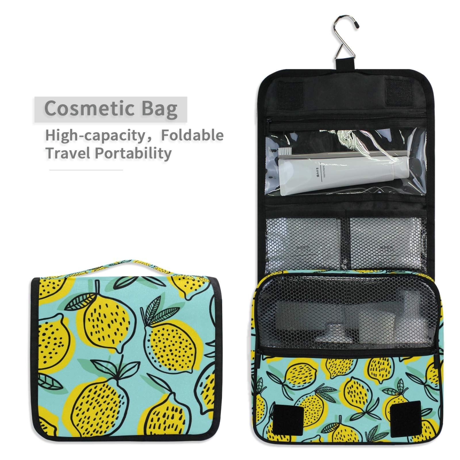 ALAZA Tropical Fruit Yellow Lemon Hanging Travel Toiletry Bag for Women - Large Waterproof Cosmetic Organizer with Hook for Bathroom, Makeup Storage & Vacation Essentials (Perfect for Travel, Gym, Dorm & Home Organization)