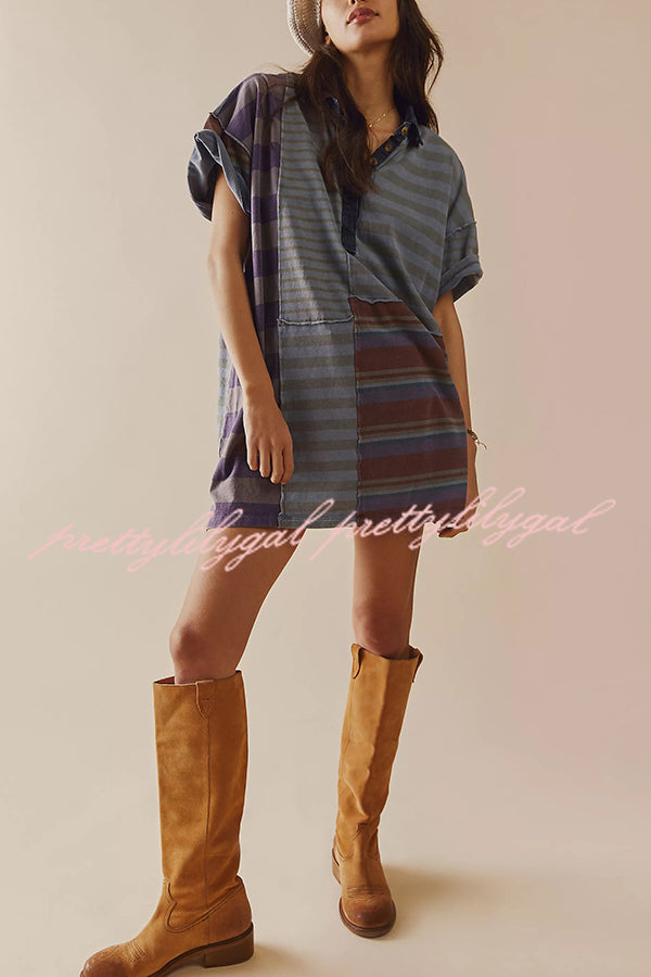 Stylish Contrast Striped Patchwork Denim Lapel Loose Mini Dress for Women | Casual Summer Outfit, Beach Party, Date Night & Streetwear Fashion