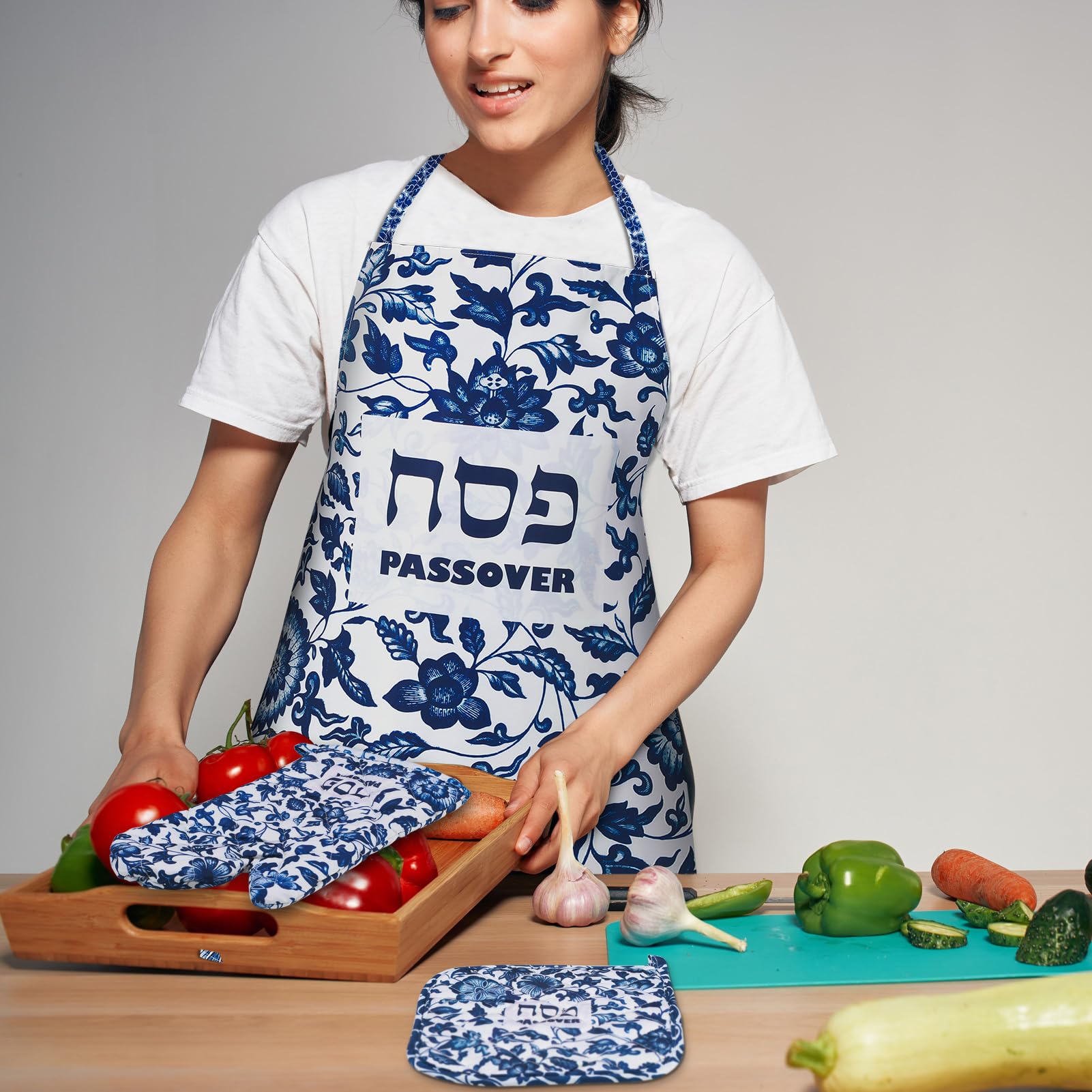Passover Kitchen Accessories Set - Kosher Cooking Apron, Heat Resistant Pot Holder & Oven Mitt for Passover Seder - Floral Design for Holiday Cooking & Baking