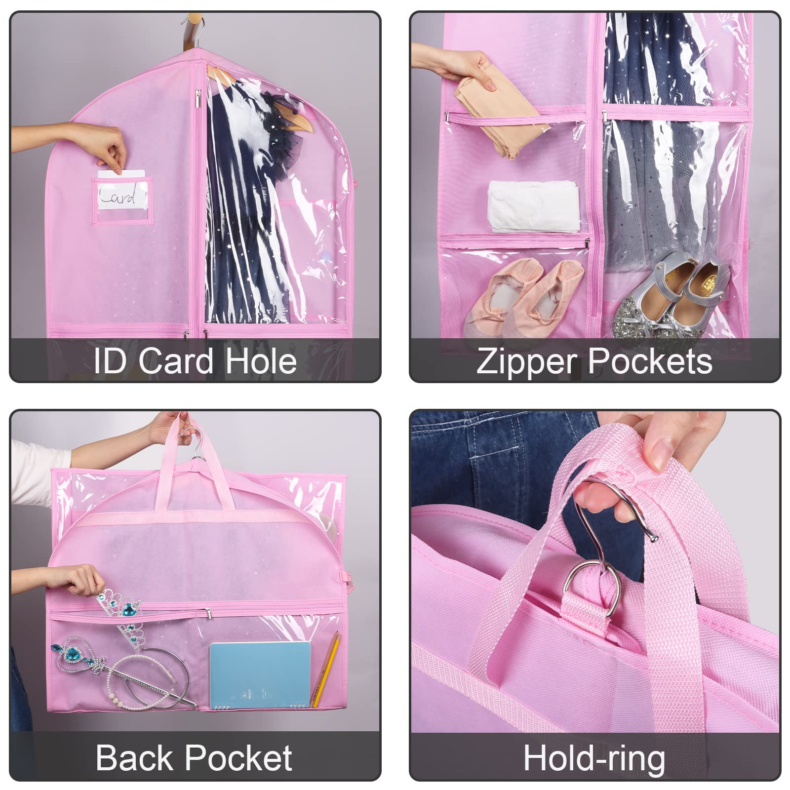 Zilink 40 Inch Clear Dance Costume Garment Bag with 5 Zipper Pockets, Stable Buckles & Carry Handles - Perfect for Dance Competitions, Closet Storage & Travel Organization (Pink)