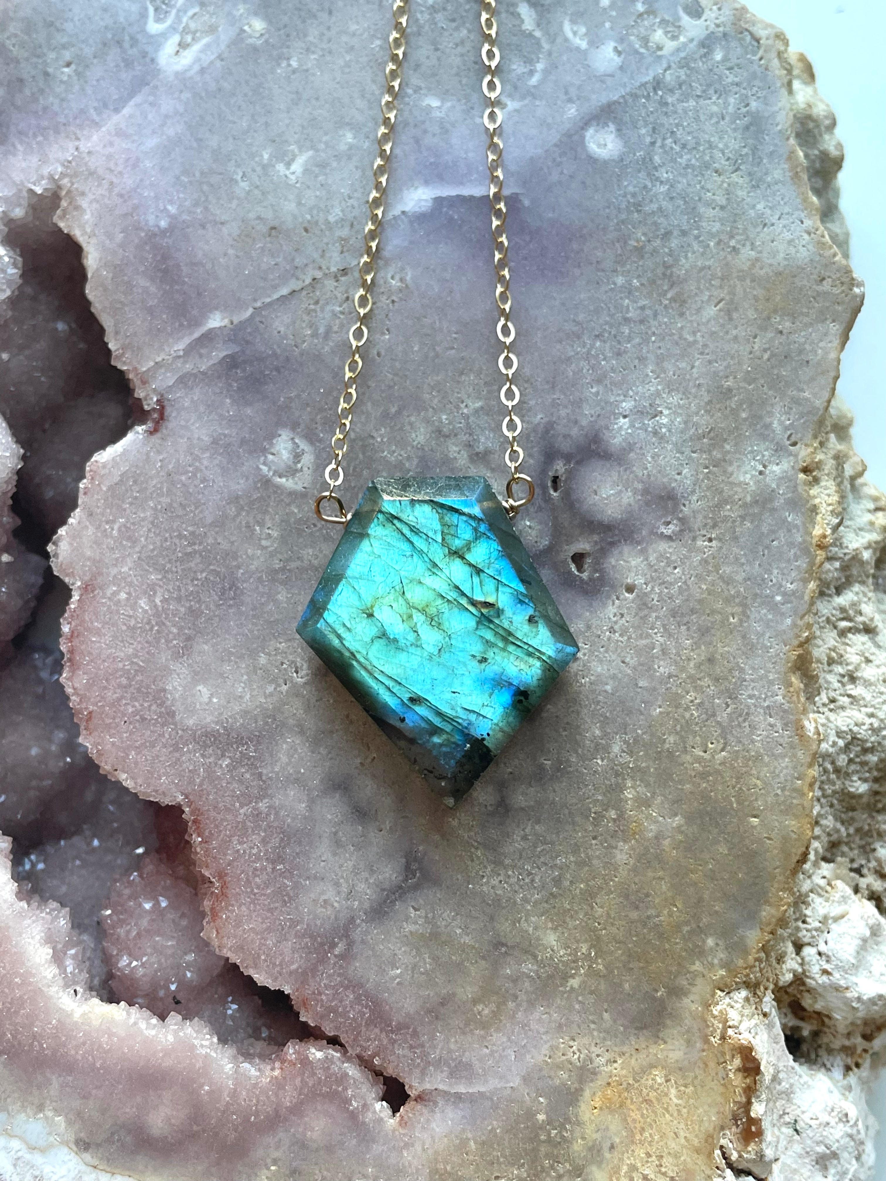Large Labradorite Shield Necklace in Gold Fill - Elegant Crystal Jewelry for Women, Perfect for Boho Style & Spiritual Healing