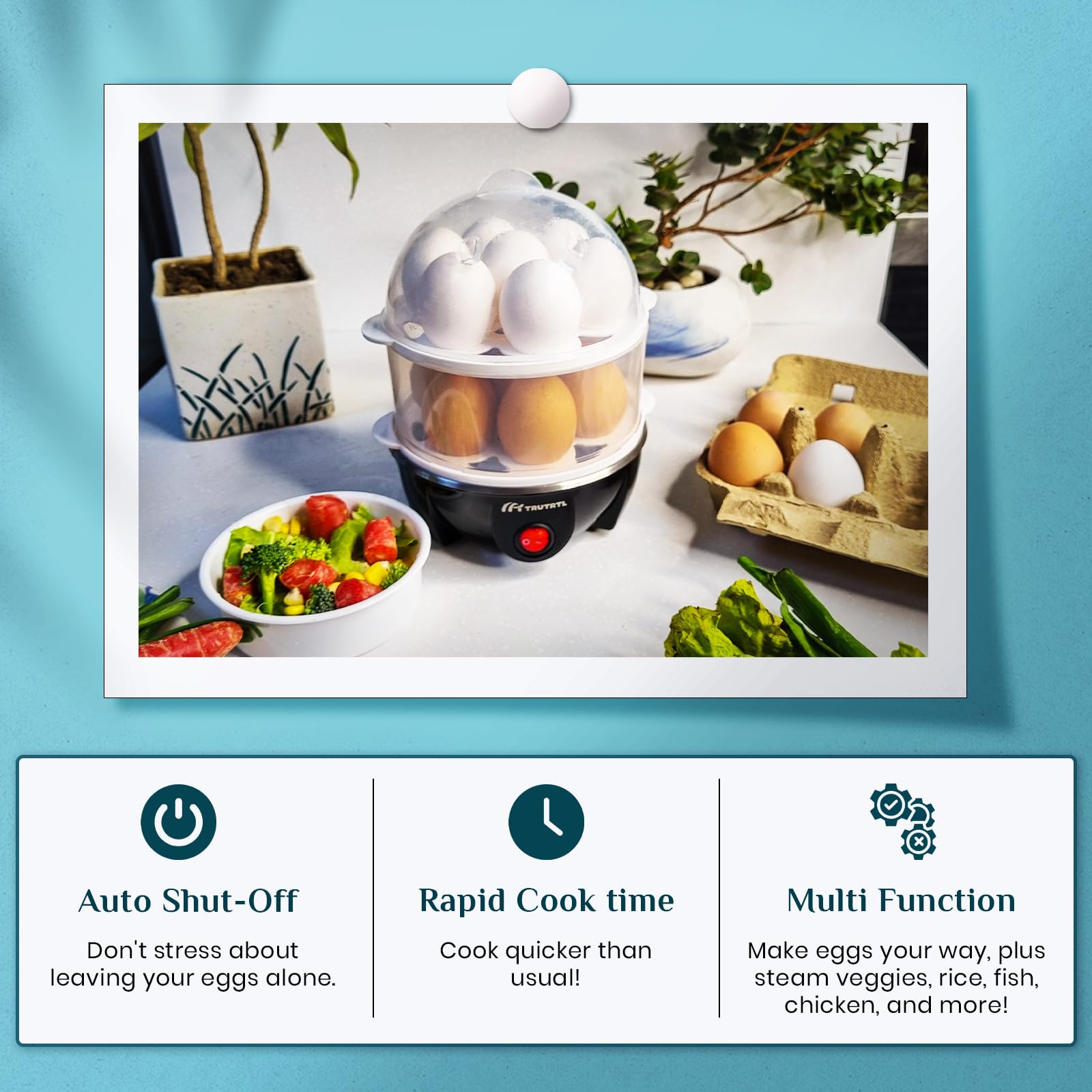 4-in-1 Electric Egg Cooker - Boil 14 Eggs, Poach, Make Omelets & Steam Vegetables/Dumplings | Fast & Easy Breakfast Appliance | Perfect for Home, Office & Dorm Cooking | Royal Black