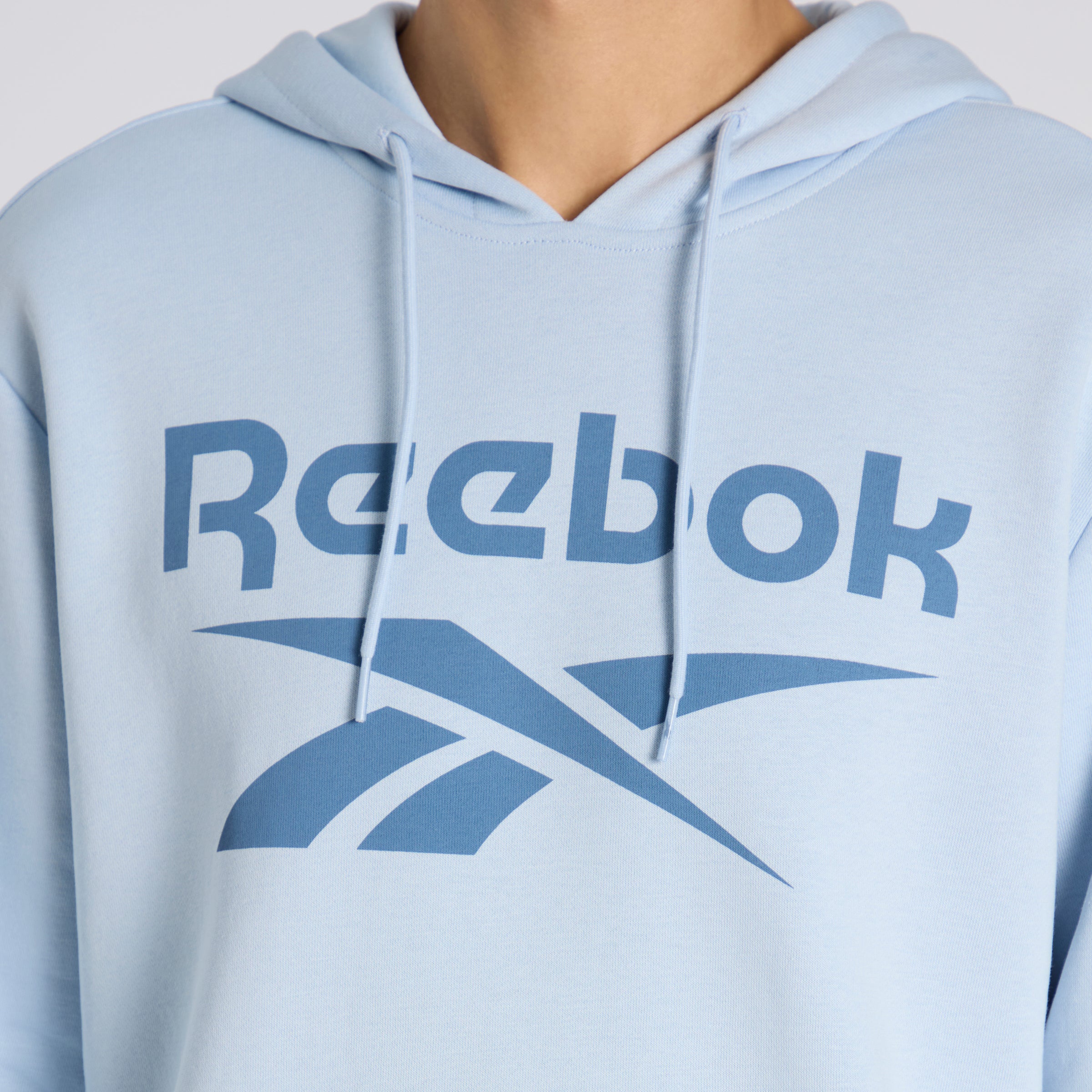 Reebok Identity Fleece Stacked Logo Pullover Hoodie for Men & Women - Soft Pale Blue Cotton Hooded Sweatshirt - Casual Streetwear & Gym Workout Apparel