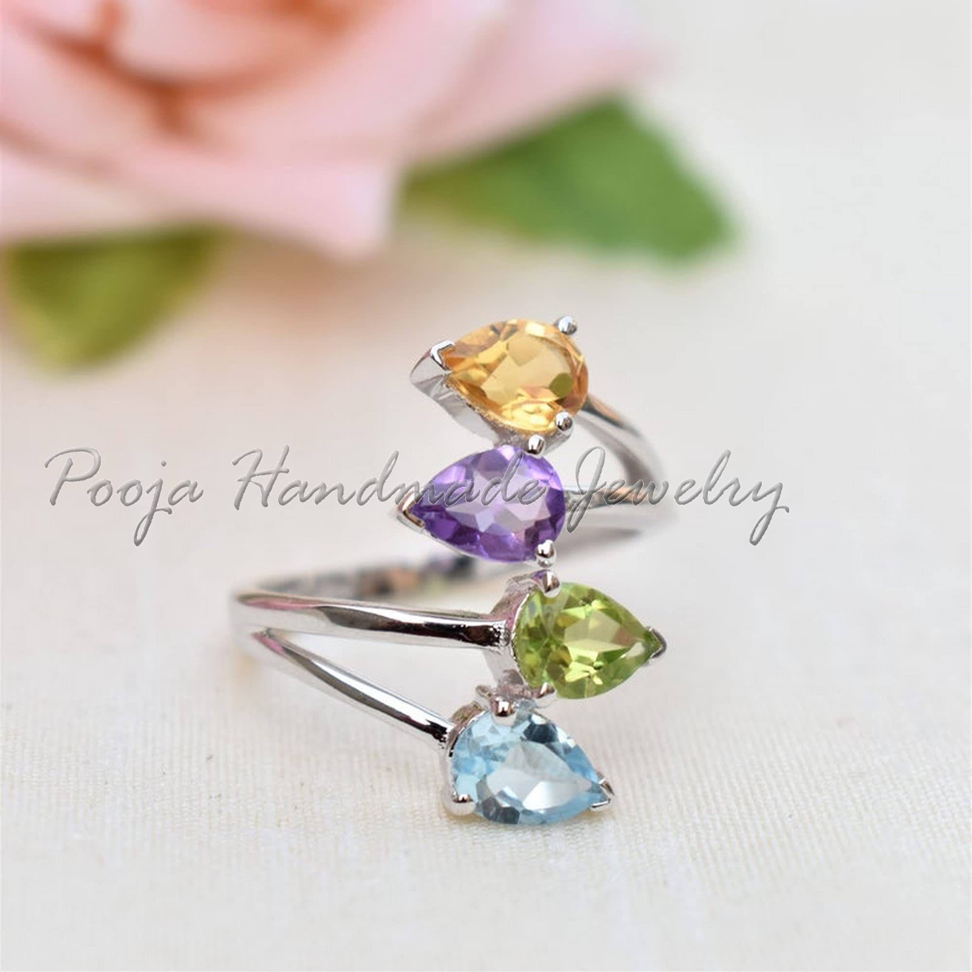 Multi Stone Ring - Blue Topaz Citrine Peridot Amethyst 925 Sterling Silver Handmade Spiral Ring | Engagement Jewelry, Wedding Gift for Her, Dainty Statement Piece | Perfect for Anniversaries, Date Nights & Special Occasions