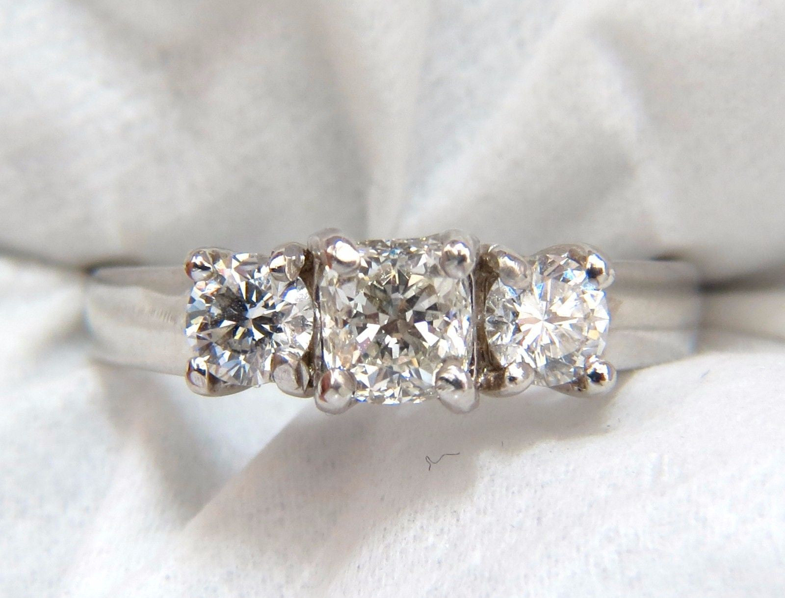 1.08CT Classic Three Natural Cushion & Round Diamond Ring in 14KT White Gold - Elegant Engagement, Wedding, or Anniversary Jewelry Gift for Women